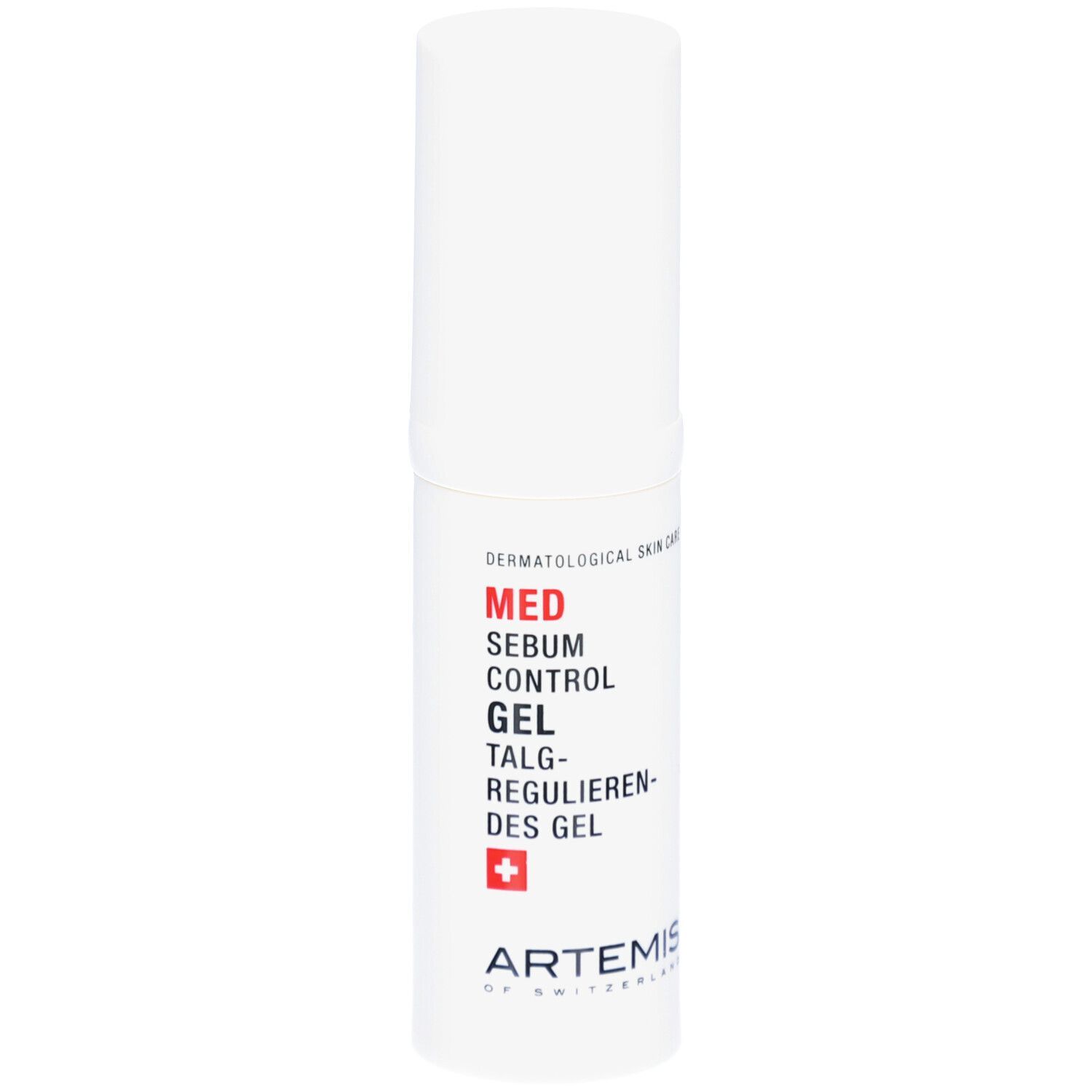 Flacon cylindrique blanc avec texte rouge: MED Sebum Control Gel. Croix suisse. Marque: ARTEMIS.