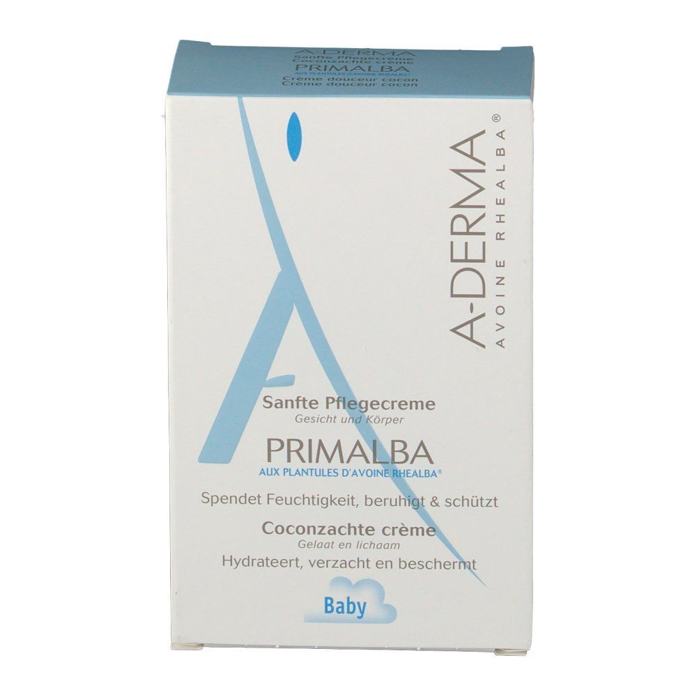 Boîte en carton. Logo A-DERMA et PRIMALBA. Texte : Crème douceur cocon, Hydrate, apaise et protège. Bébé.