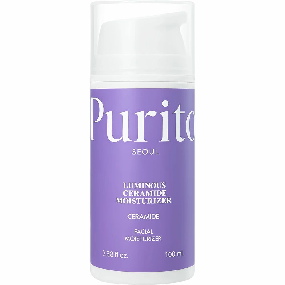 Flacon blanc avec étiquette violette. Inscription : Purito, Seoul, Luminous Ceramide Moisturizer, Ceramide, Facial Moisturizer. 3.38 fl.oz., 100 ml.