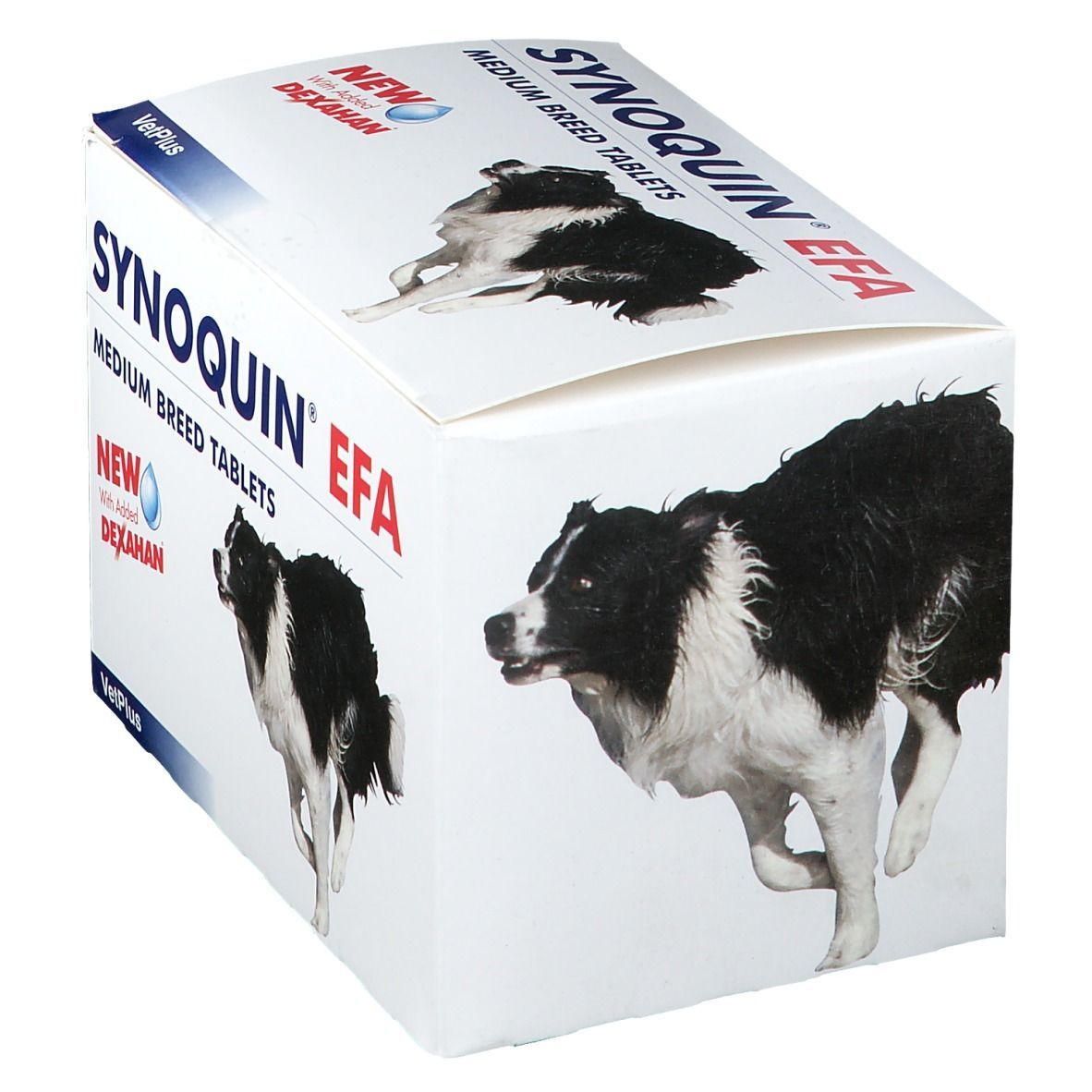 Boîte blanche avec nom du produit et images de chiens. Inscription : Synoquin EFA Medium Breed Tablets.
