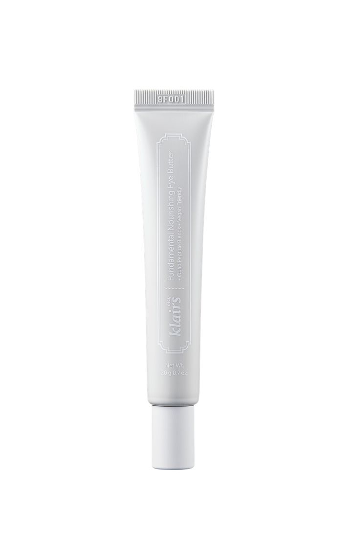 Tube blanche avec texte. Inscription : Fundamental Nourishing Eye Butter. Marque : Klairs. Contenu : 20 g / 0.7 oz.