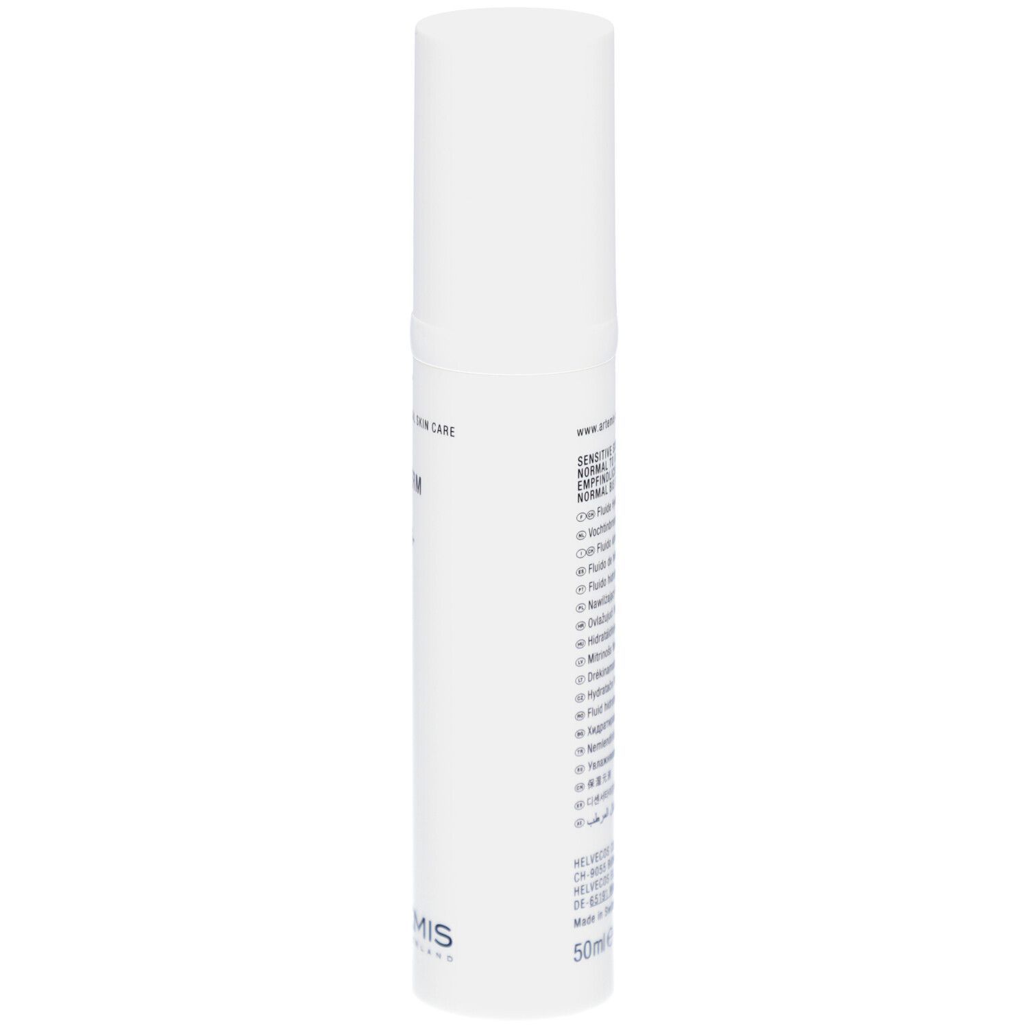 Flacon blanc avec texte. MED Hydraderm Fluid. Logo Artemis. Vue latérale.