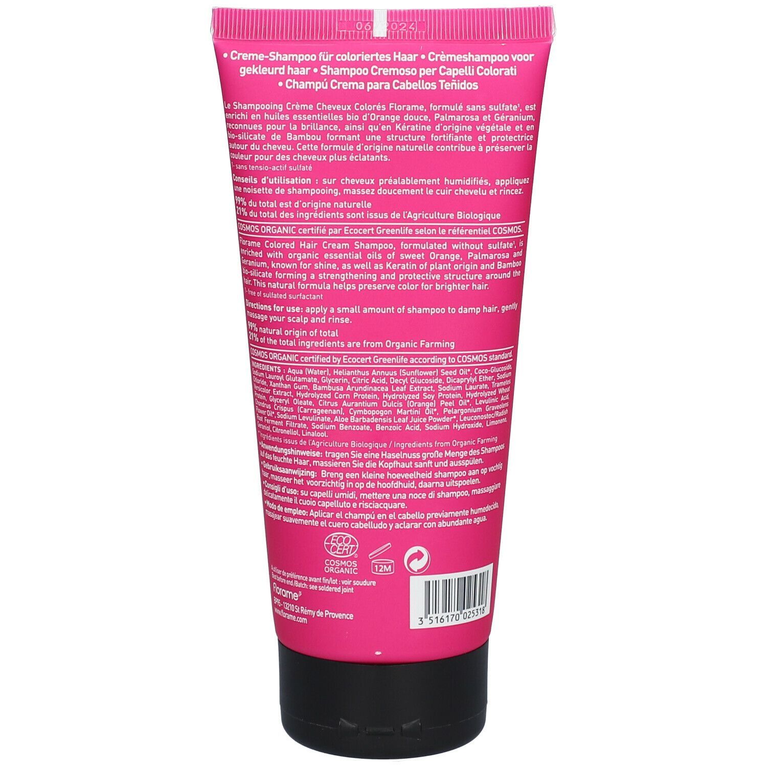 Dos du tube rose. Informations sur le shampooing pour cheveux colorés. Certification bio.