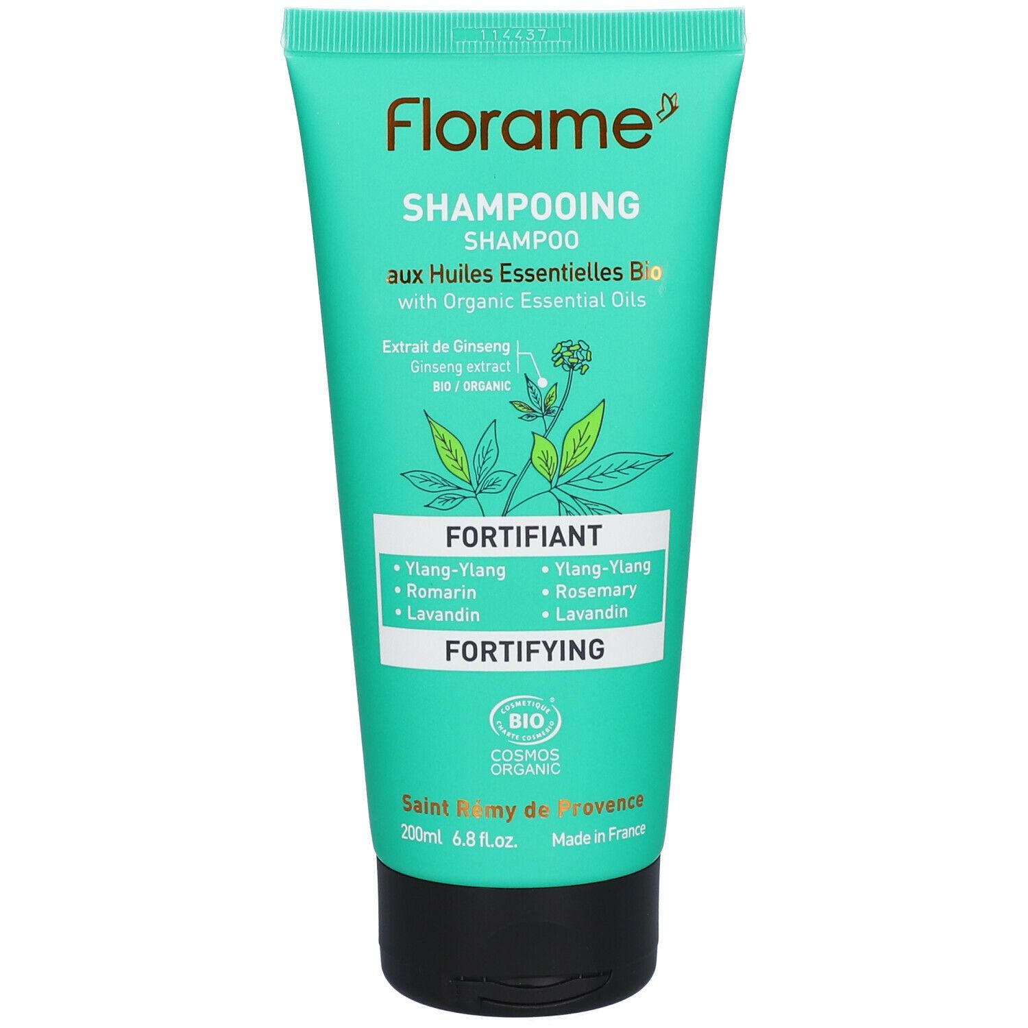 Tube turquoise "Florame Shampoo". Inscriptions: "aux Huiles Essentielles Bio", "Fortifiant". Certifié Bio.