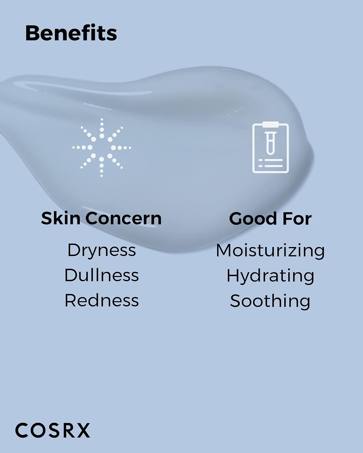 Une touche de lotion avec un motif d'étoile et une icône de problème de peau. Texte : 'Skin Concern', 'Dryness', 'Dullness', 'Redness', 'Good For', 'Moisturizing', 'Hydrating', 'Soothing'.