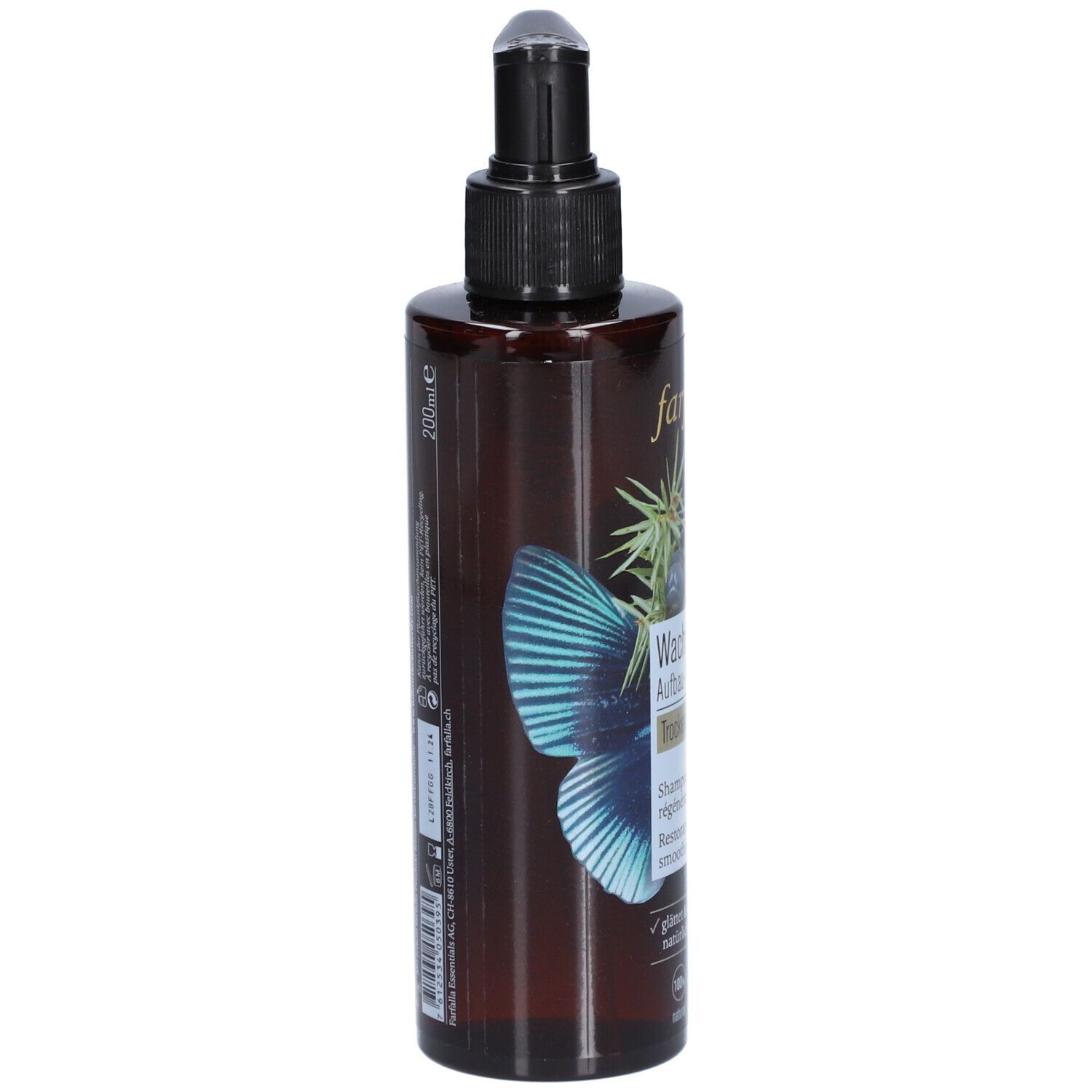 Flacon brun avec pompe noire. Inscription: Farfalla Wacholder Aufbau-Shampoo. Dos avec texte et ingrédients. 200ml.