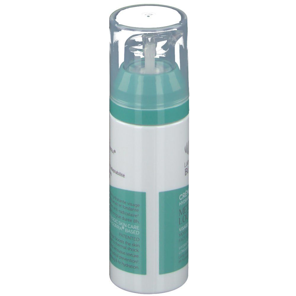 Flacon cylindrique avec pompe. Blanc, turquoise et éléments transparents. Texte: "Laboratoires de BIARRITZ", "Bio".