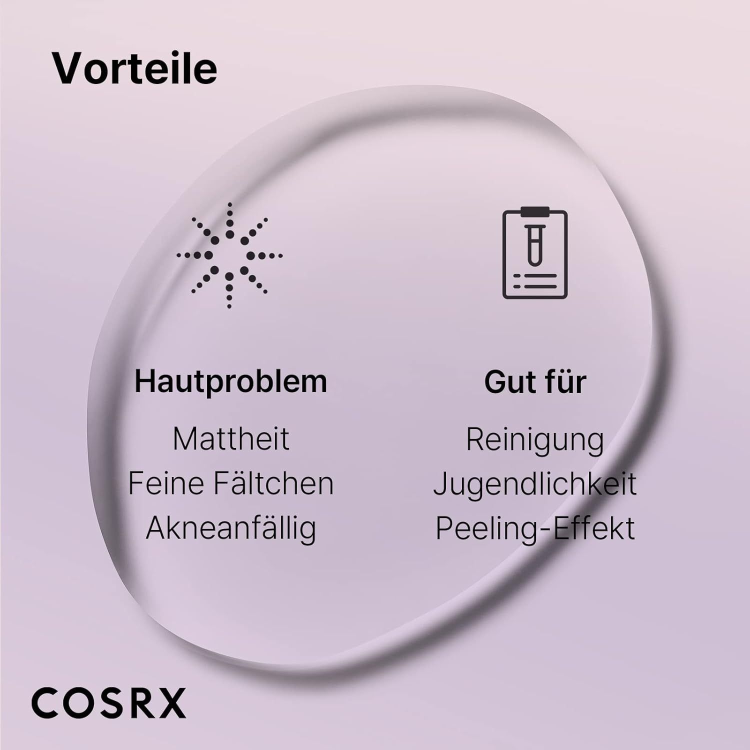 Sphère en verre avec texte sur les problèmes de peau et les avantages du produit.