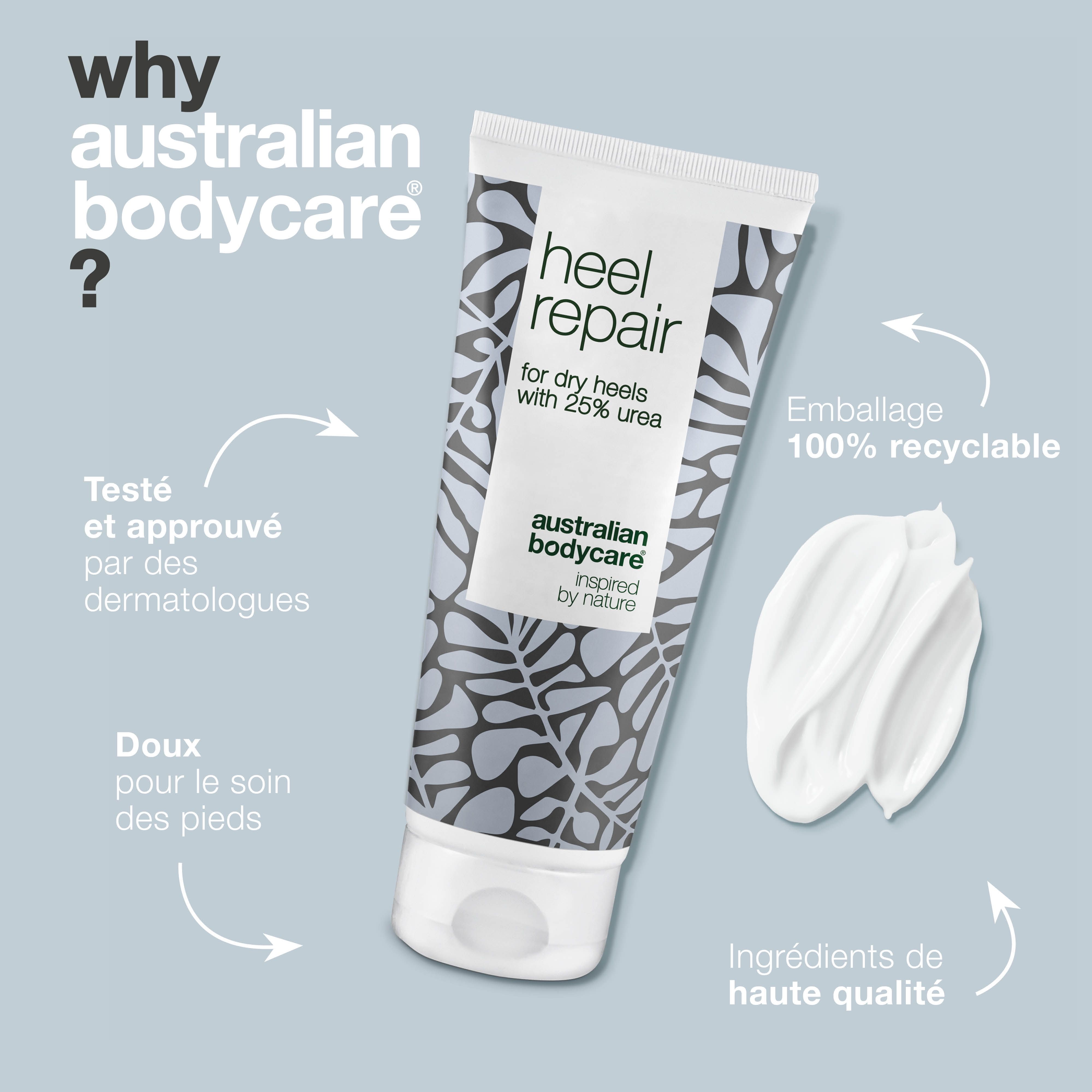 Tube de crème et noisette de crème. Texte : Heel Repair, pour talons secs avec 25% d'urée. Texte : Emballage 100% recyclable. Marque : Australian Bodycare.