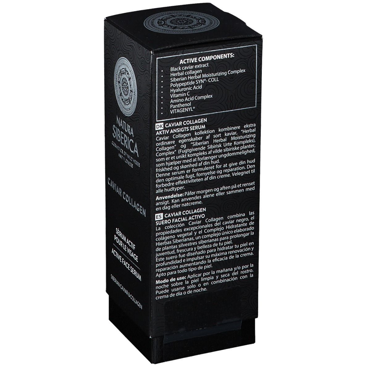 Boîte noire, dos avec ingrédients et informations produit. Texte en plusieurs langues.