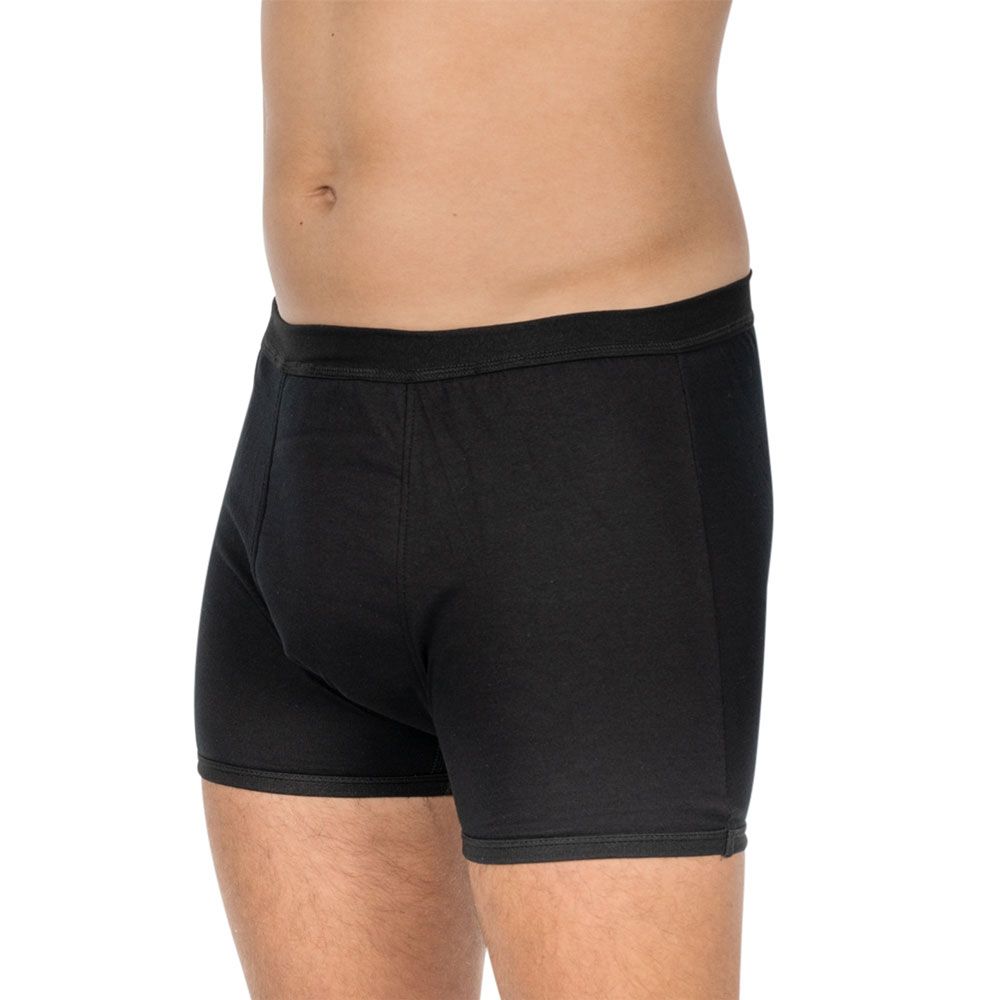 Shorts d'incontinence noirs avec insert absorbant intégré, vue latérale.