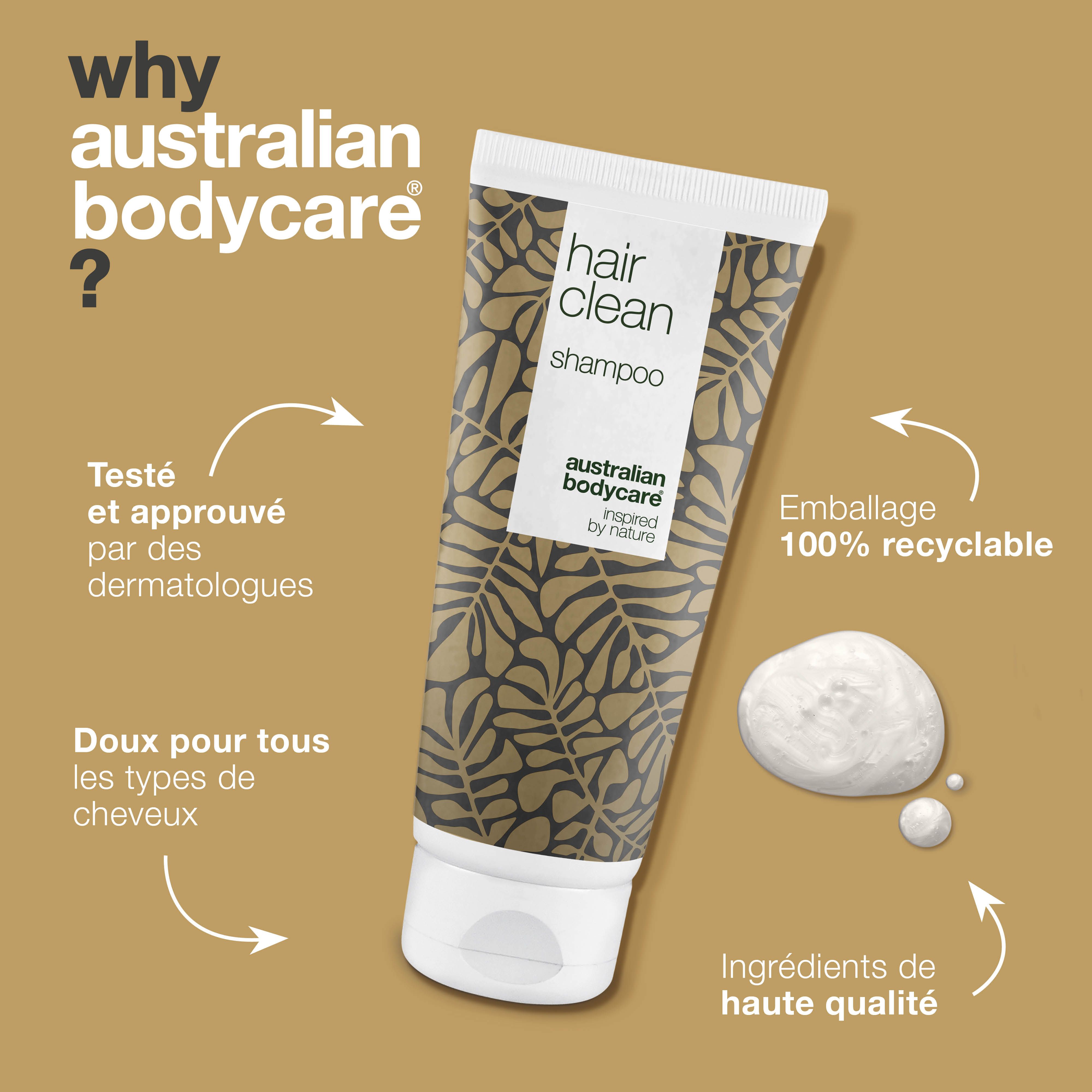 Tube de shampooing. Texte : "hair clean shampoo". Motif feuilles dorées. Texte : Emballage 100% recyclable.