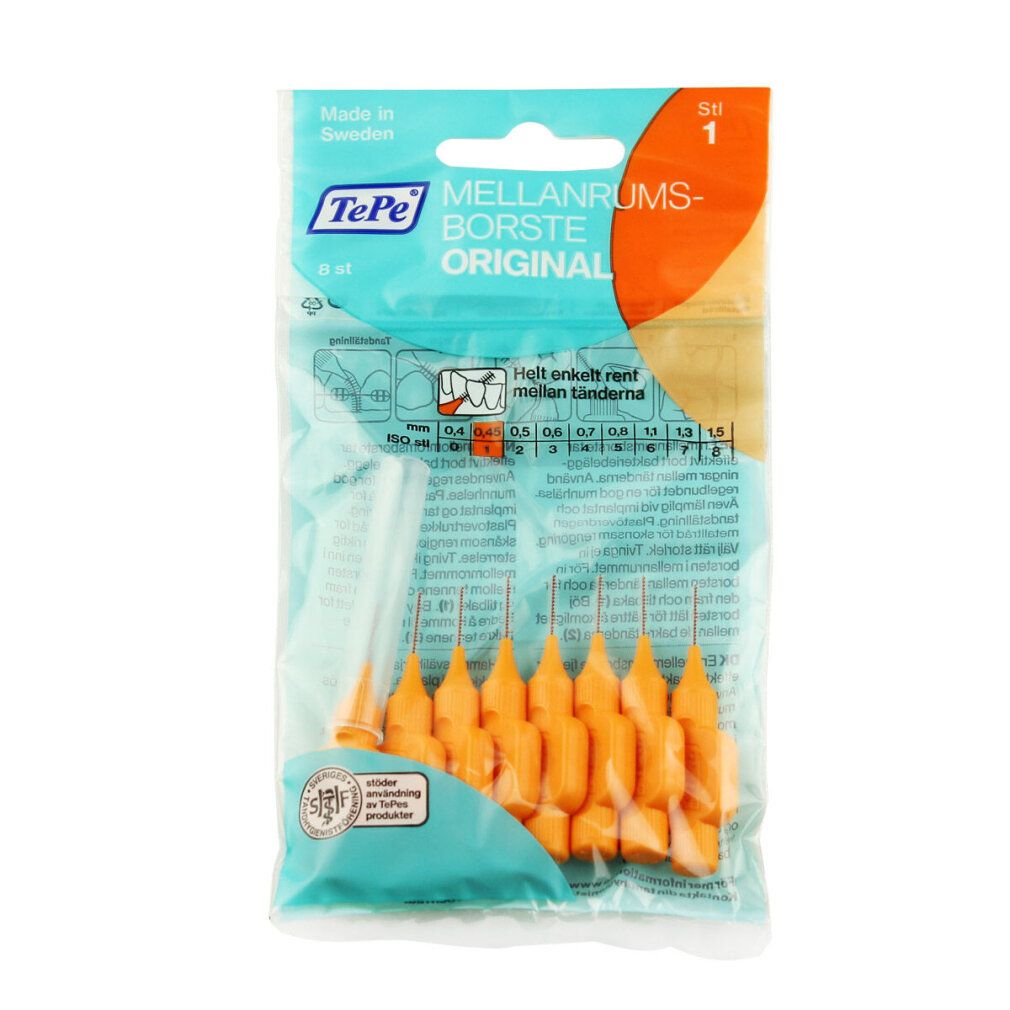 Paquet de brossettes interdentaires oranges TePe, 0,45 mm. Contient 8 pièces. Fabriqué en Suède.