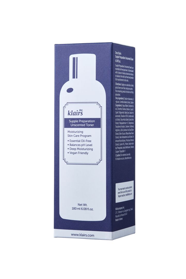 Boîte avec image du produit. Violet et blanc. Texte sur la boîte. 180 ml.
