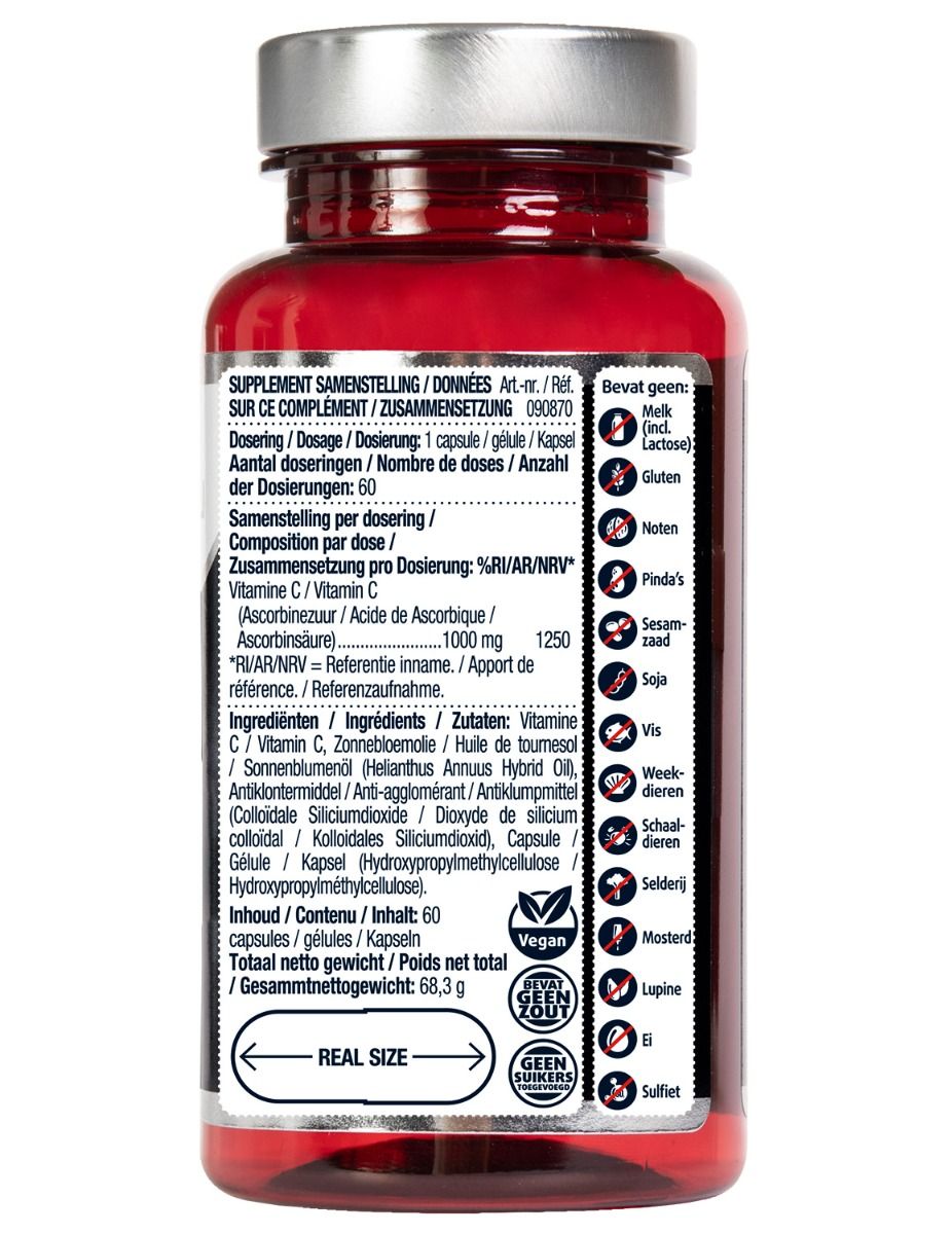 Arrière du pot : informations nutritionnelles, ingrédients, sceau végétalien, 60 gélules.