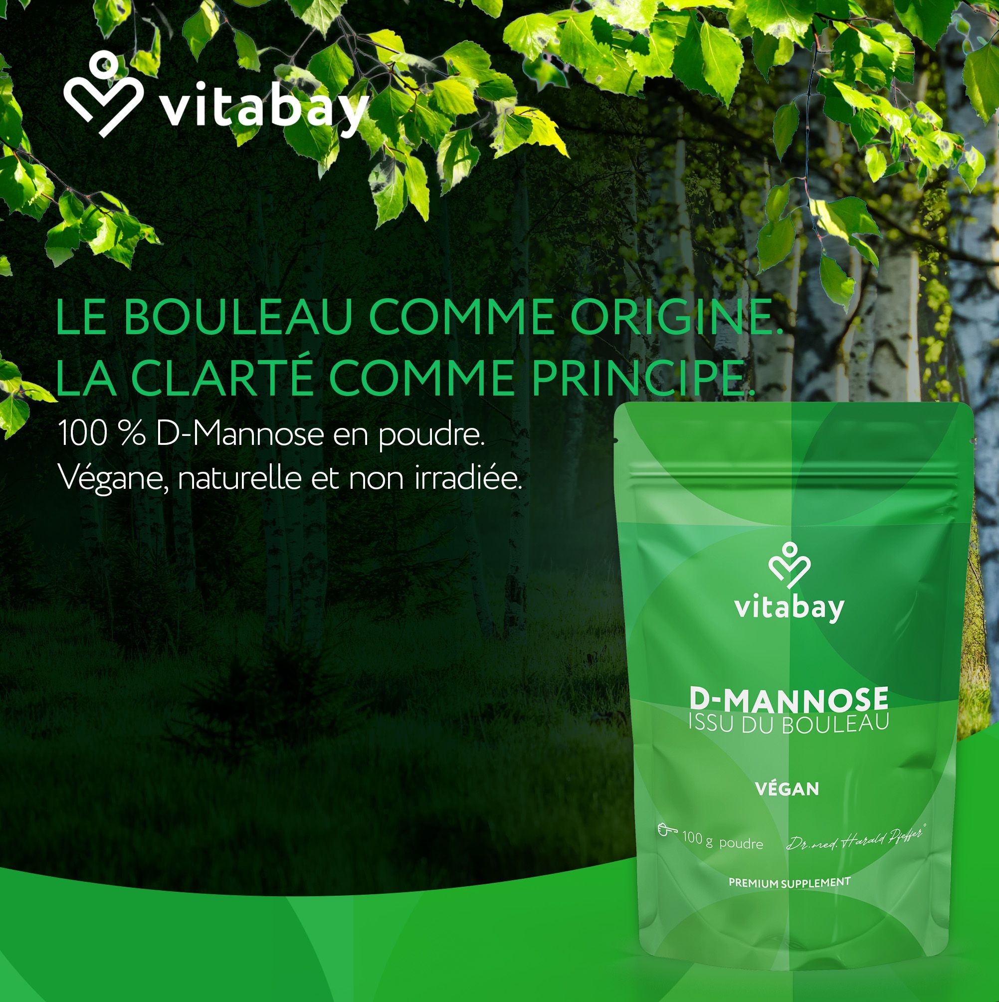 Vitabay D-Mannose de bouleau : pochette avec icônes "Sans additifs", "Testé en Allemagne", "Sans OGM".