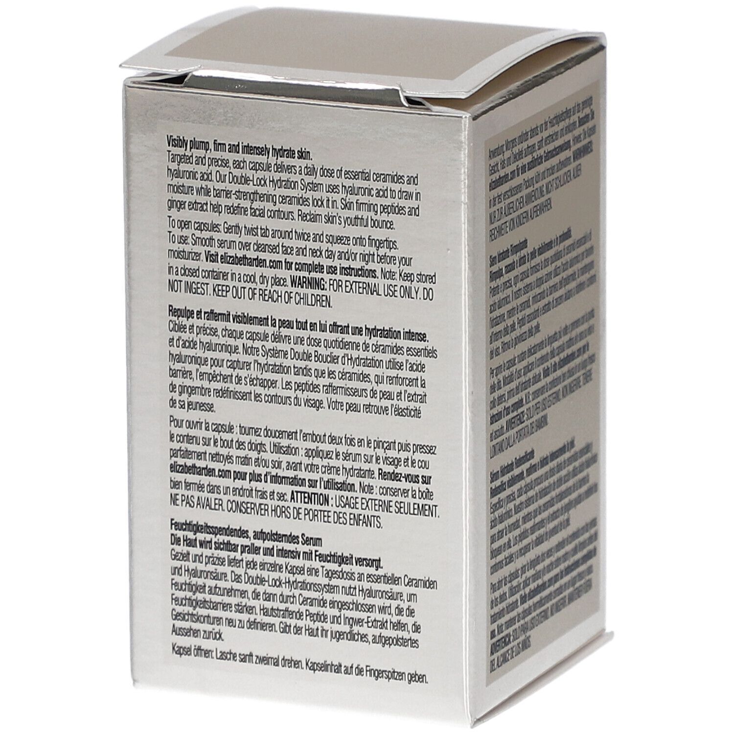 Boîte argentée avec texte. Elizabeth Arden, capsules de céramides à l'acide hyaluronique. 0,47 FL.OZ. 14 ml.