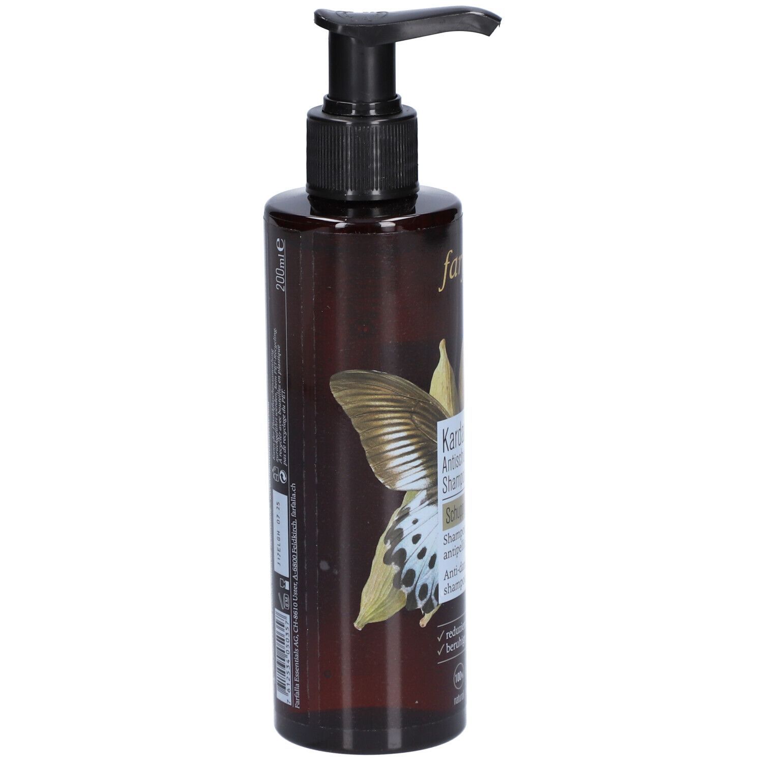 Flacon marron avec pompe noire. Inscription : Kardamom Antischuppen-Shampoo. 200ml.