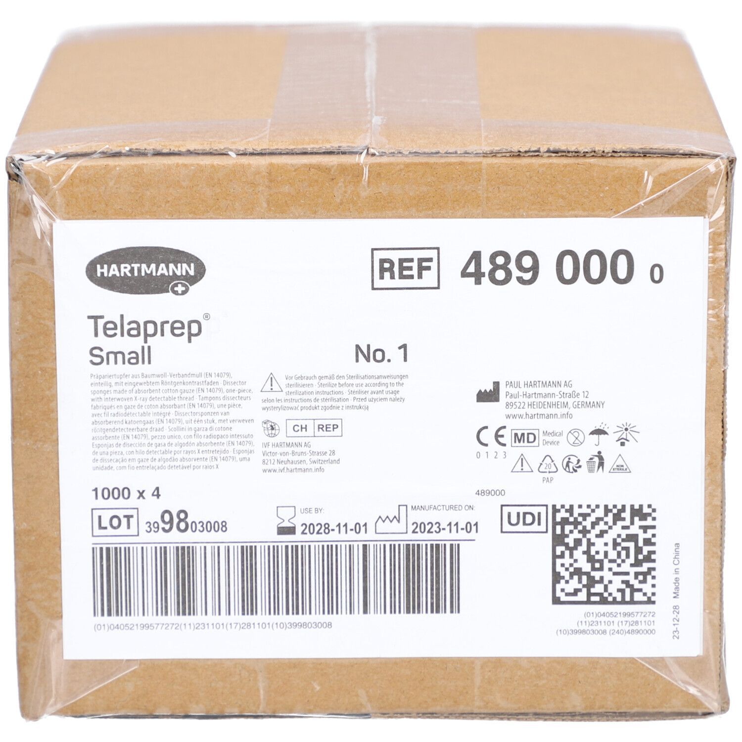 Boîte en carton Telaprep. Inscriptions: HARTMANN, REF 489 000 0, No. 1, numéro de lot, date d'expiration 2028-11-01, code UDI.