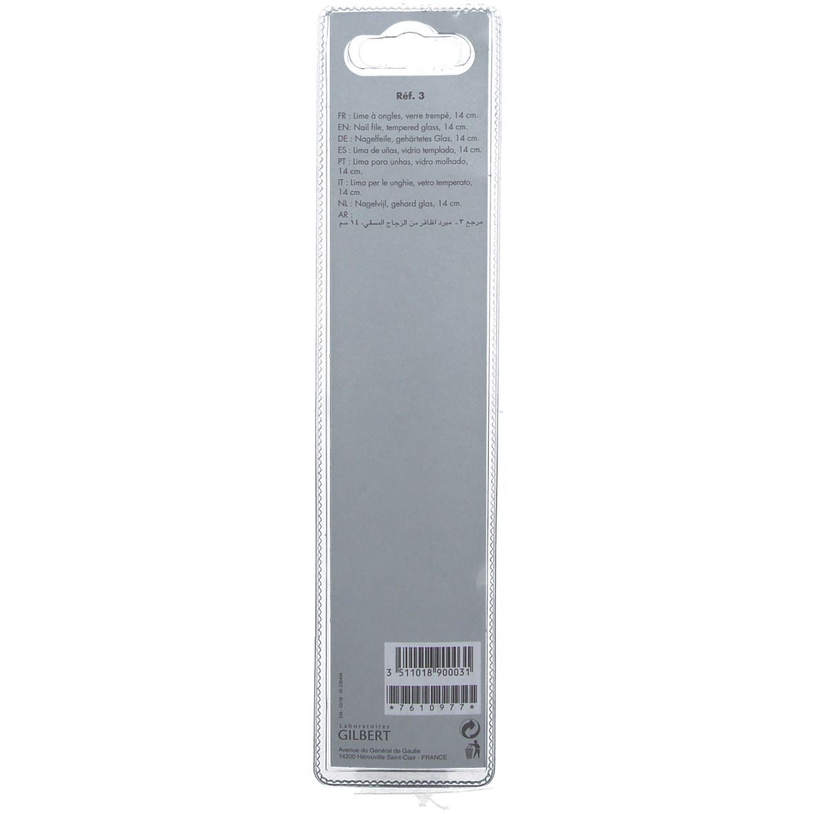 Emballage de lime à ongles en verre. Carte grise avec informations et code-barres. Marque GILBERT.