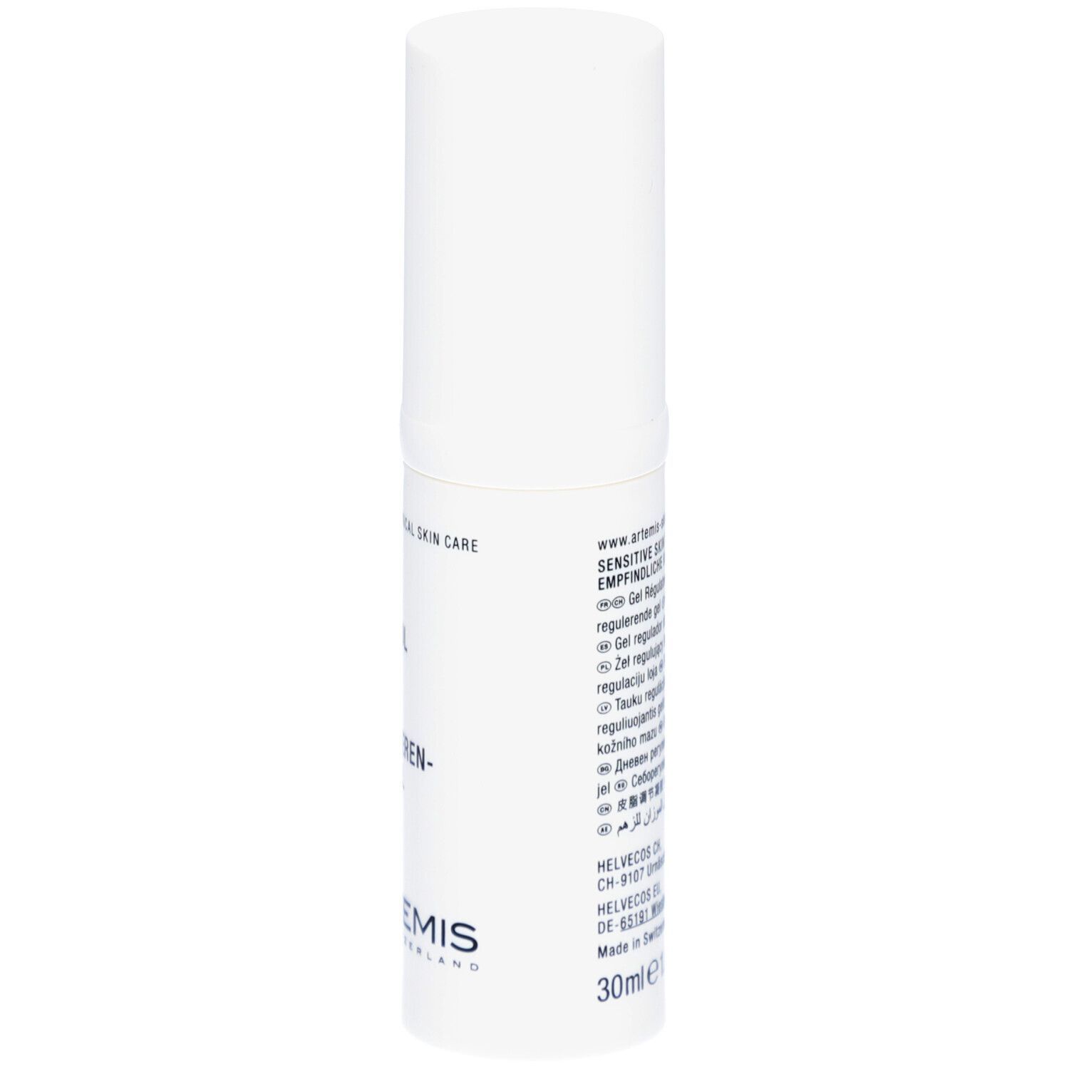 Flacon cylindrique blanc avec texte rouge: MED Sebum Control Gel. Croix suisse. Marque: ARTEMIS. 30ml.