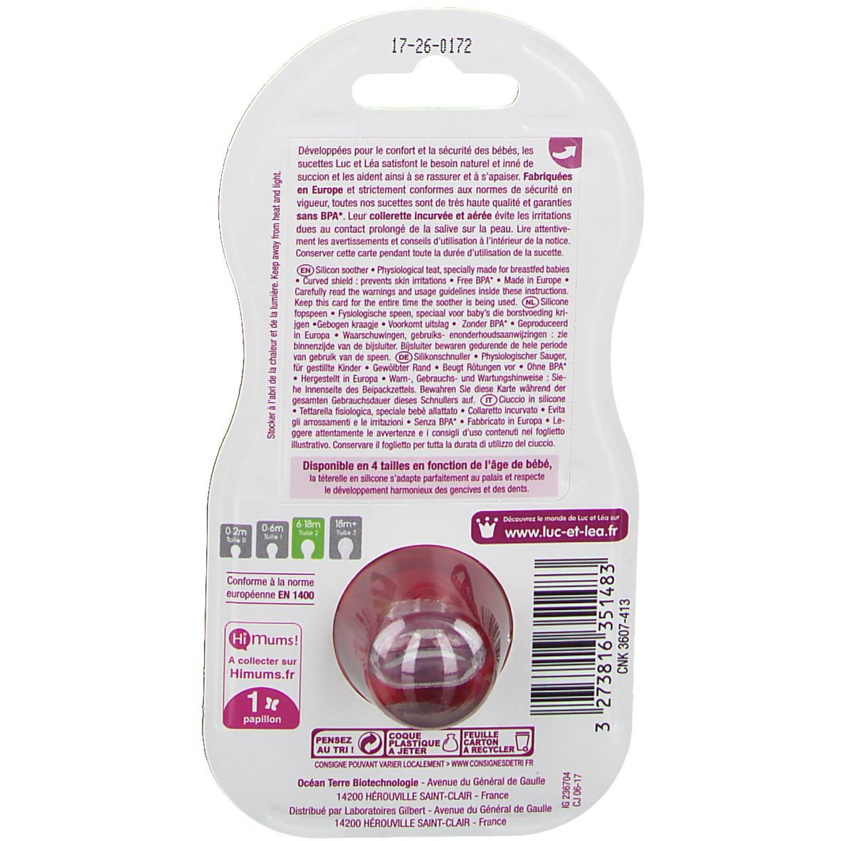 Emballage de sucette. Visible: tétine en silicone, forme transparente, bouclier rose. Marque: luc-et-lea. EN 1400.