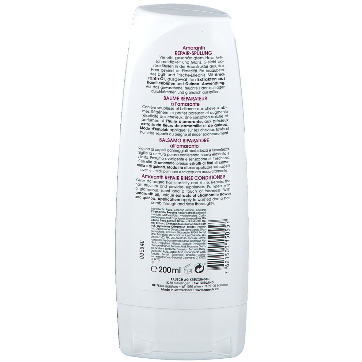 Flacon blanc avec texte. "RAUSCH Amaranth Repair-Spülung". Dos avec informations et texte en plusieurs langues. 200ml.