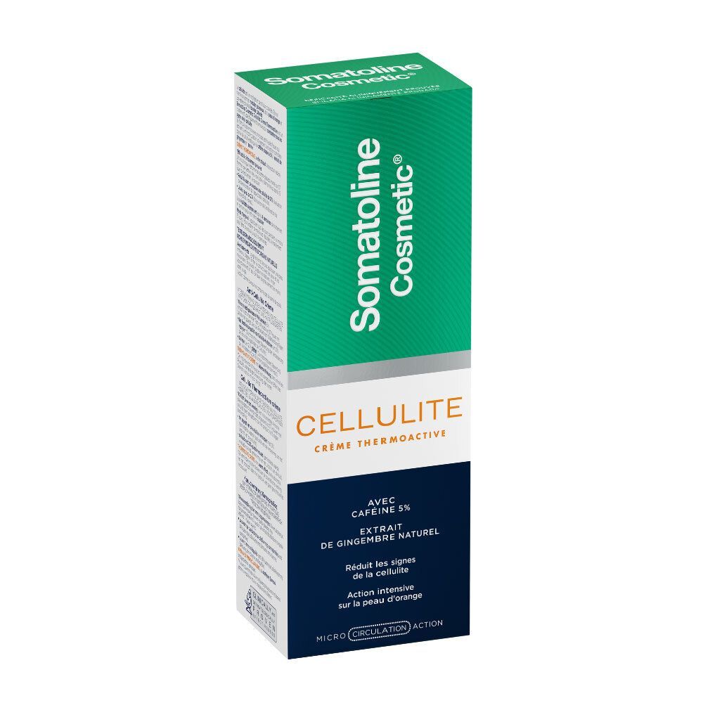 Boîte verte avec Somatoline Cosmetic et CELLULITE. Contient 5% de caféine et gingembre.