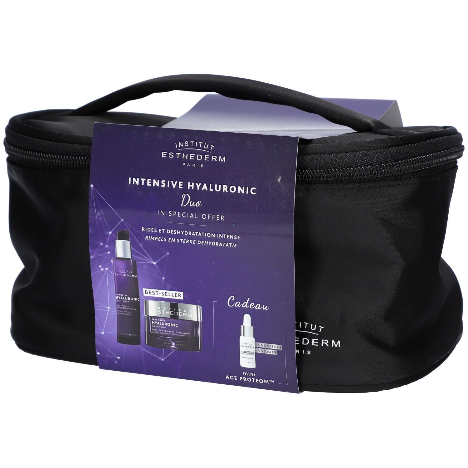 Trousse de toilette noire avec poignée et informations produit. Inscription: Institut Esthederm Paris, Intensive Hyaluronic Duo. Contient sérum et crème.