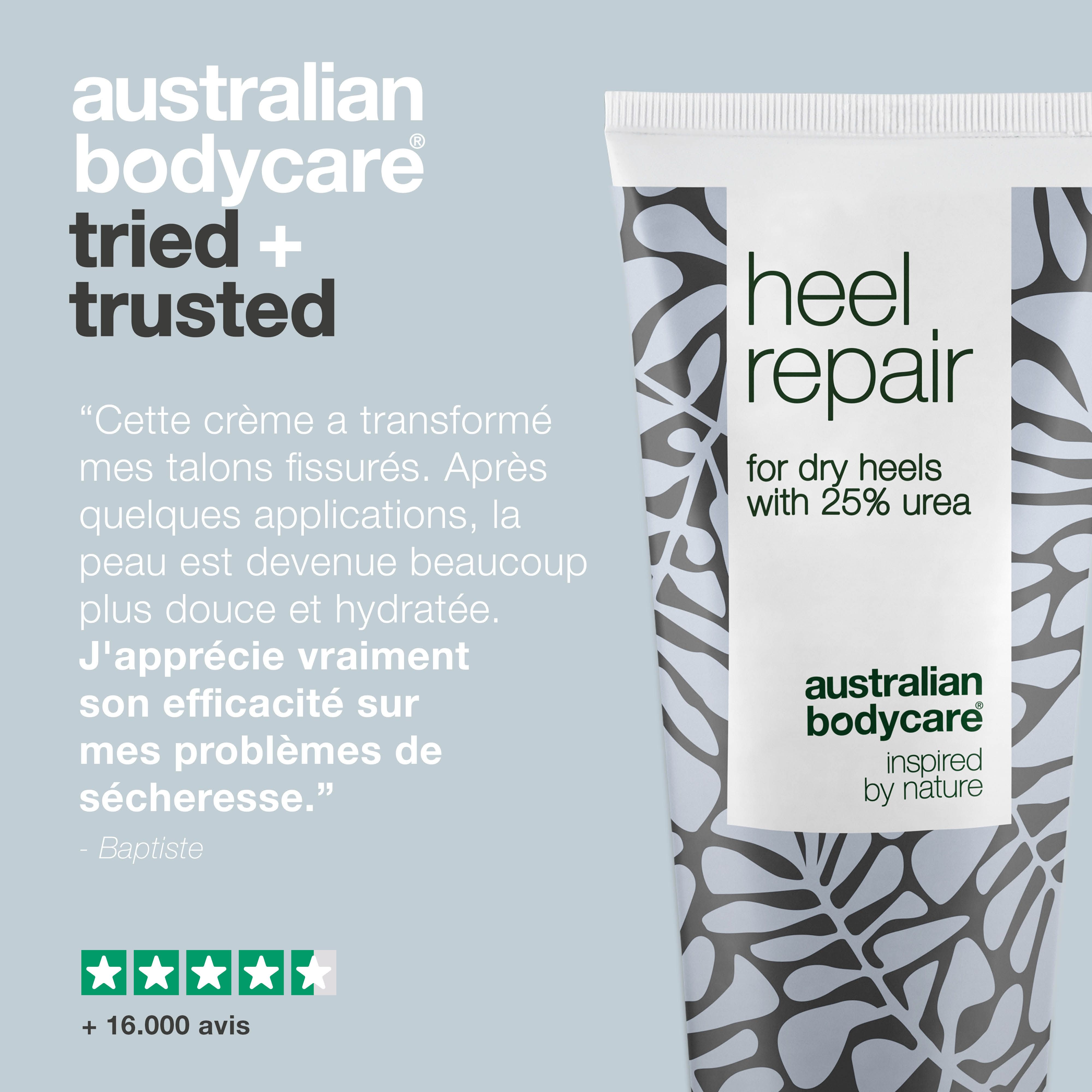 Tube de crème avec texte : Heel Repair, pour talons secs avec 25% d'urée. Citation et évaluation par étoiles. Marque : Australian Bodycare.