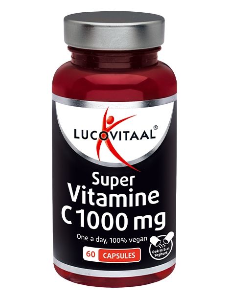 Pot rouge avec couvercle argenté, Lucovitaal Super Vitamine C 1000 mg, 60 gélules.