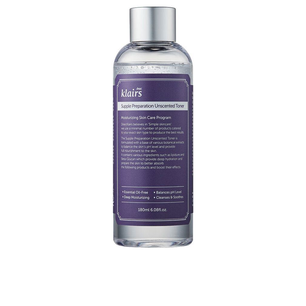 Flacon de toner clair avec bouchon argenté et étiquette violette. Texte sur l'étiquette. 180 ml.