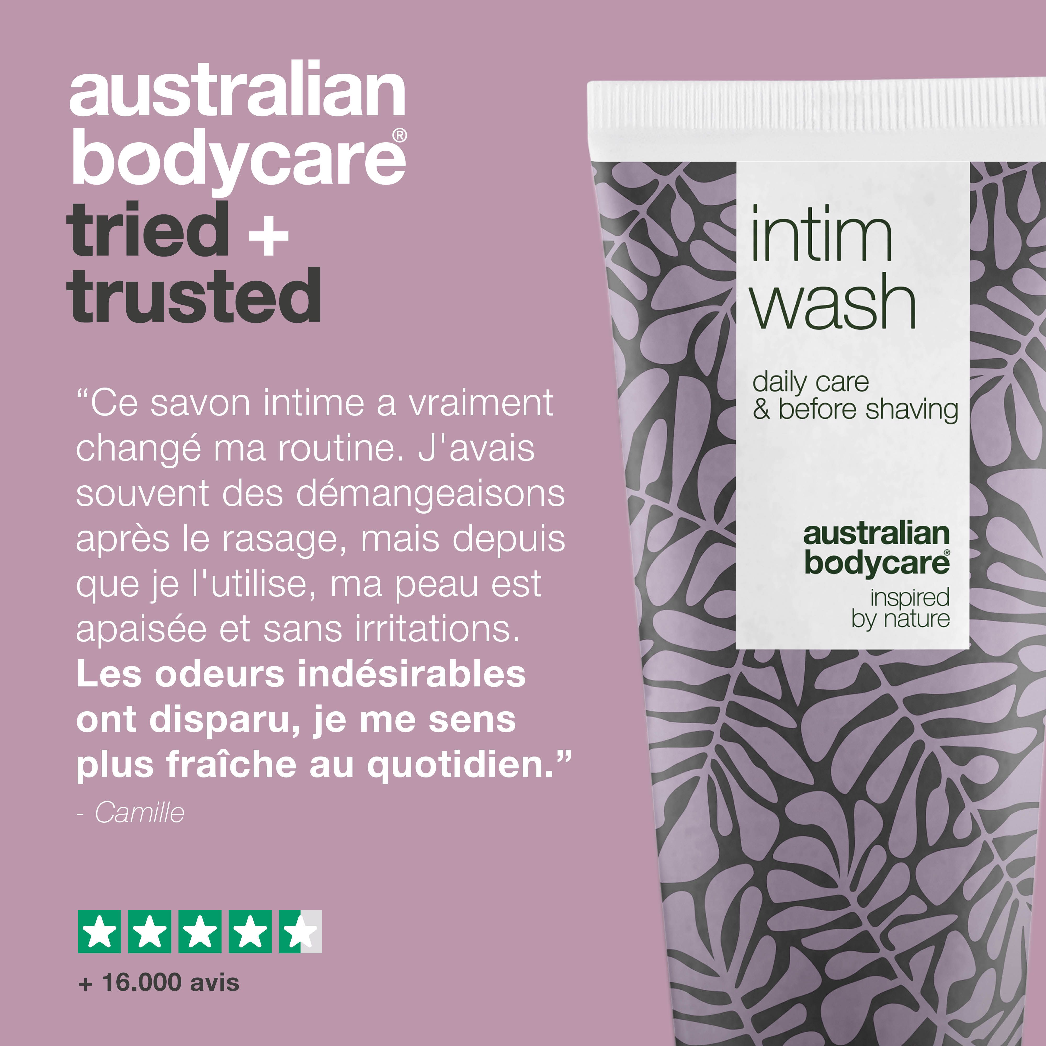 Tube Intim Wash, motif violet, texte: Intim Wash, Australian Bodycare. Témoignage.
