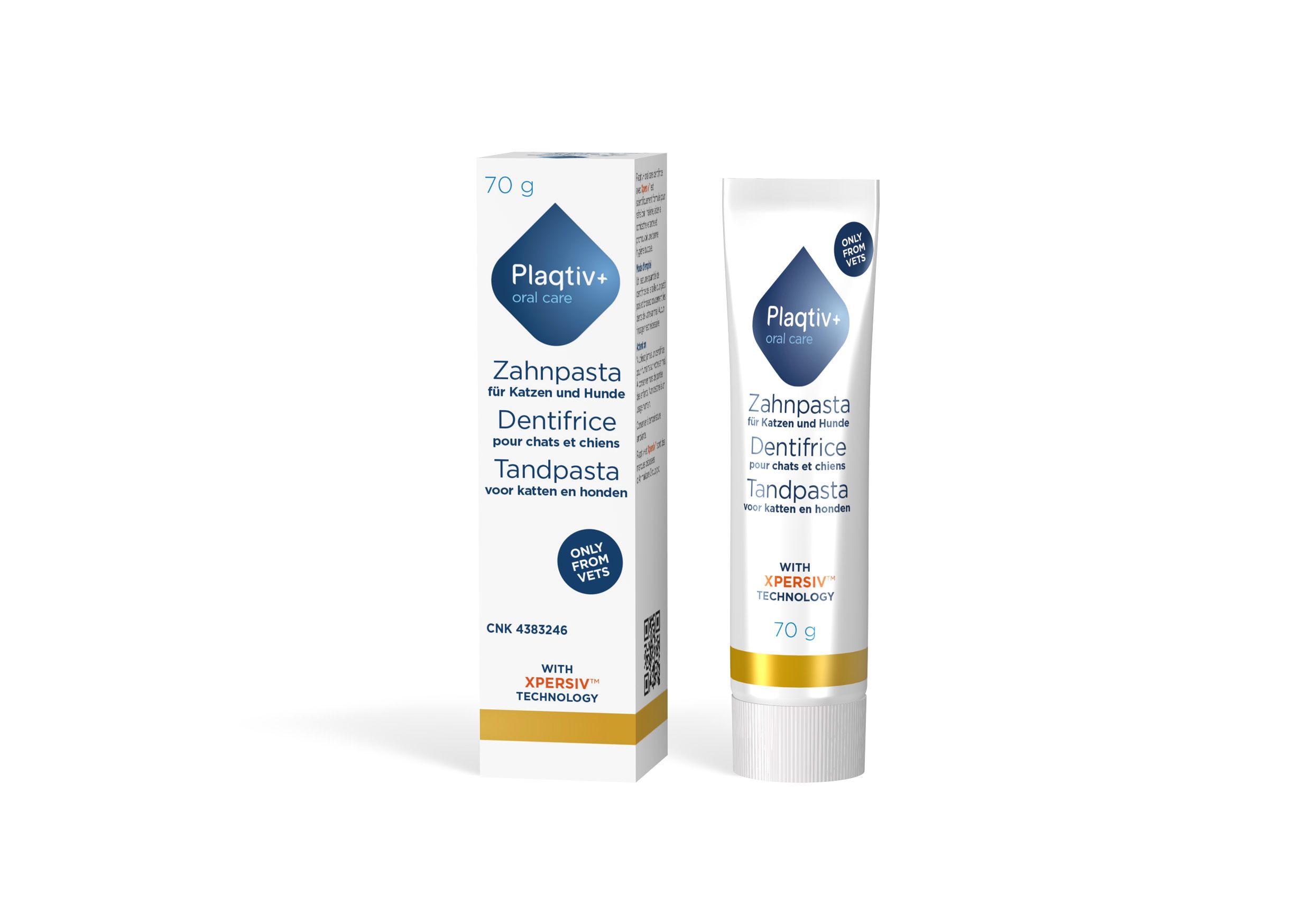 Tube et emballage de dentifrice. Inscription : Plaqtiv+, dentifrice pour chiens et chats, Dentifrice, Tandpasta. Avec la technologie Xpersiv.