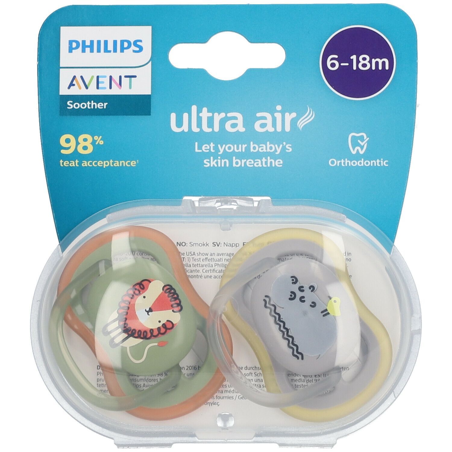 AVENT Sucette ultra air Lion - Hippopotame 6-18 Mois (Couleur non sélectionnable)​