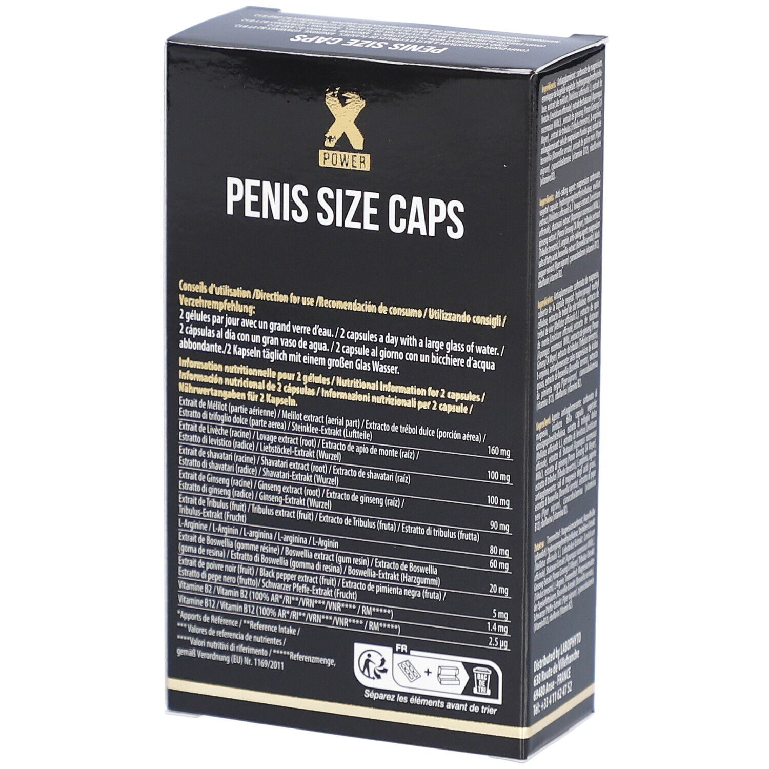 Boîte noire avec logo "X POWER" et texte "PENIS SIZE CAPS". Dos avec instructions d'utilisation.