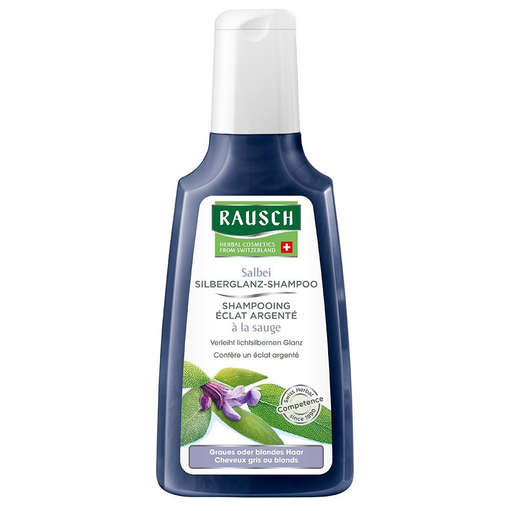 Flacon de shampooing RAUSCH Salbei Silberglanz. Flacon violet avec bouchon blanc. Étiquette avec logo, nom du produit et ingrédients.