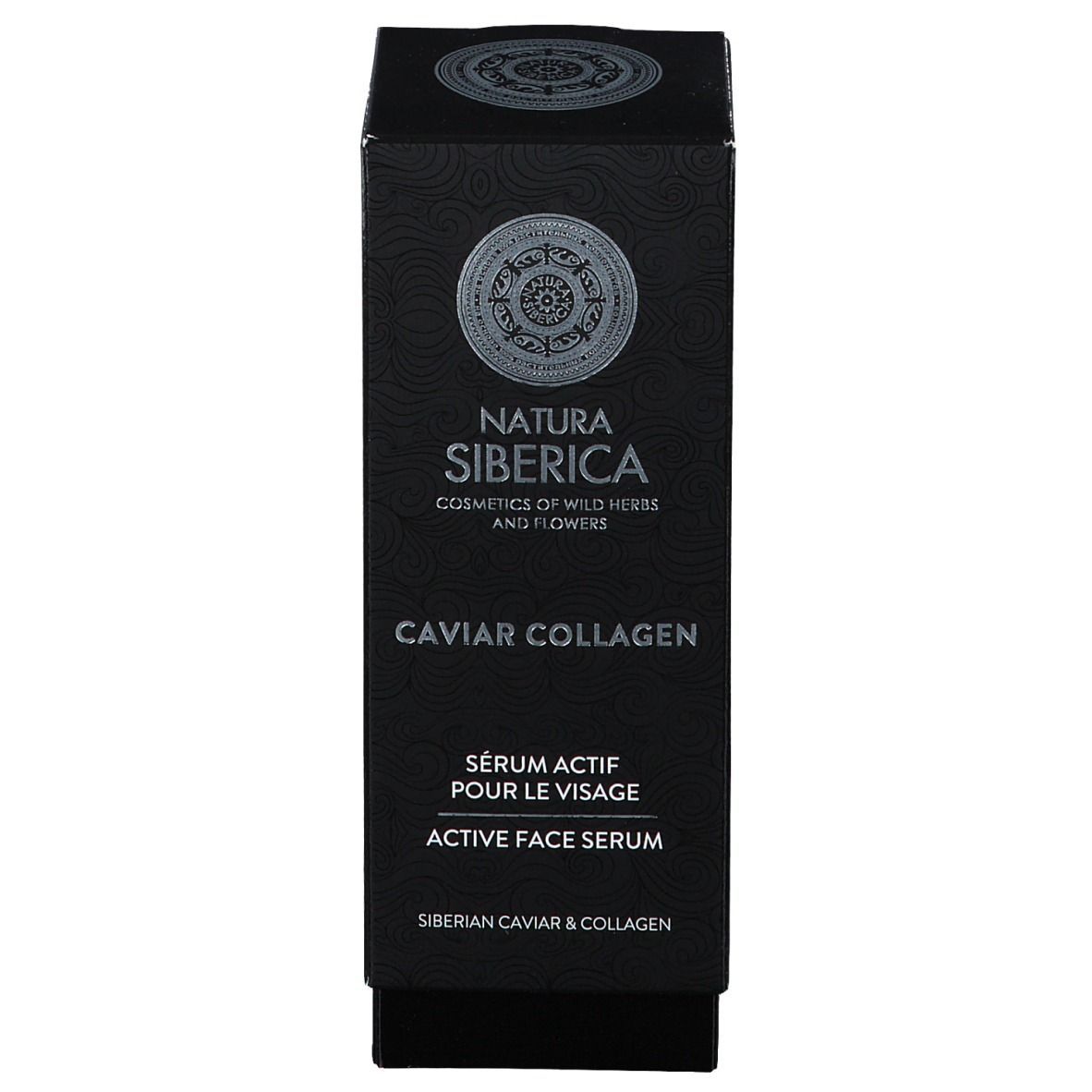 Boîte noire avec logo et nom du produit. Texte: Caviar Collagen, Sérum actif pour le visage. Écriture argentée.