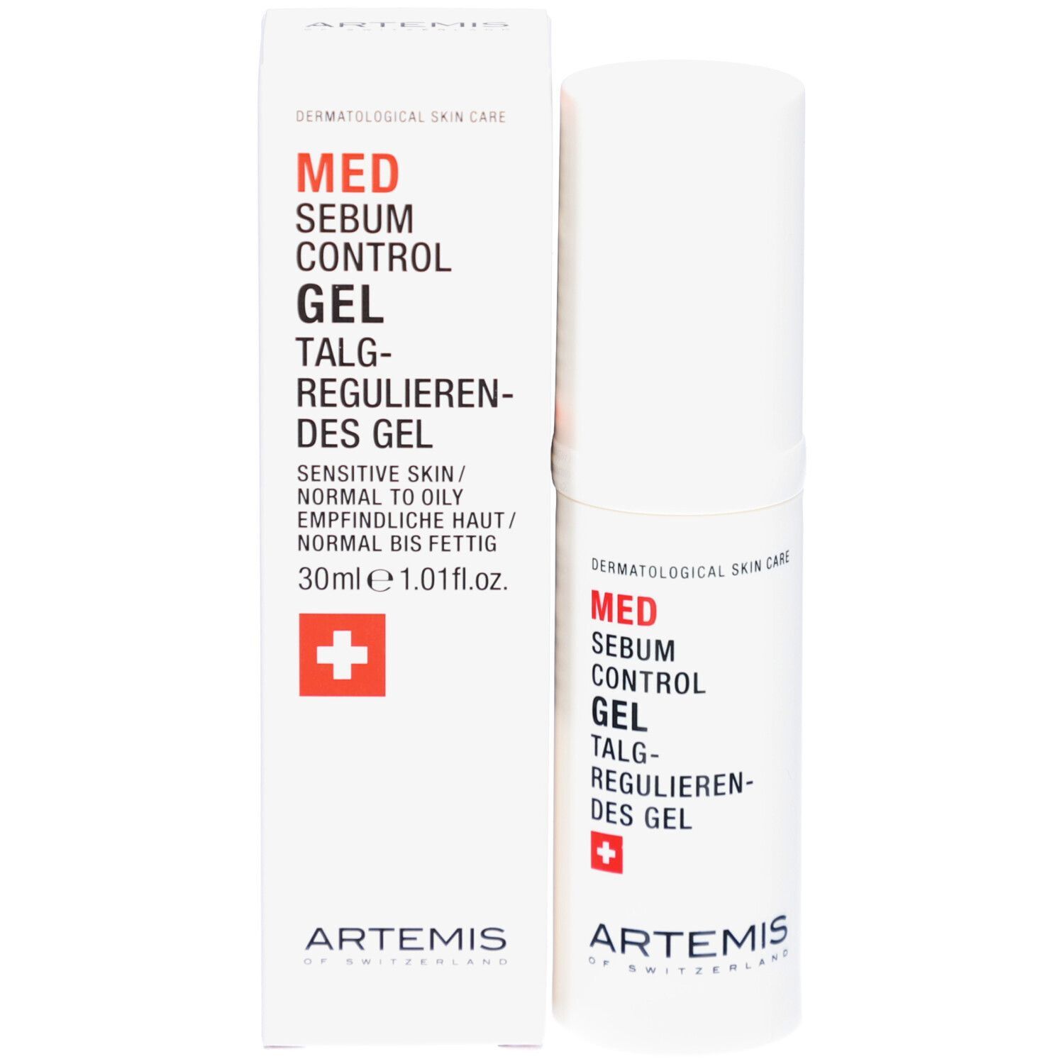 Emballage et flacon. Blanc avec texte rouge: MED Sebum Control Gel. Croix suisse. Marque: ARTEMIS. 30ml.