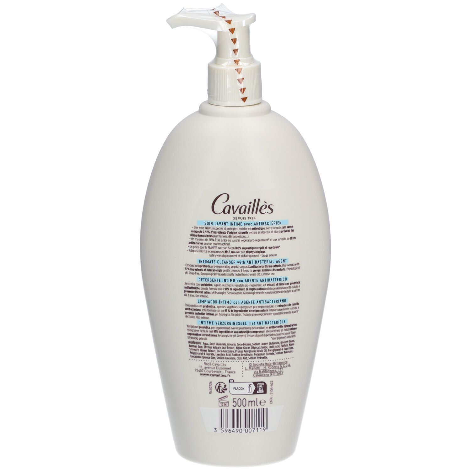 Dos d'un flacon blanc. Texte: Rogé Cavaillès, soin lavant intime avec agents antibactériens. Ingrédients, mode d'emploi.