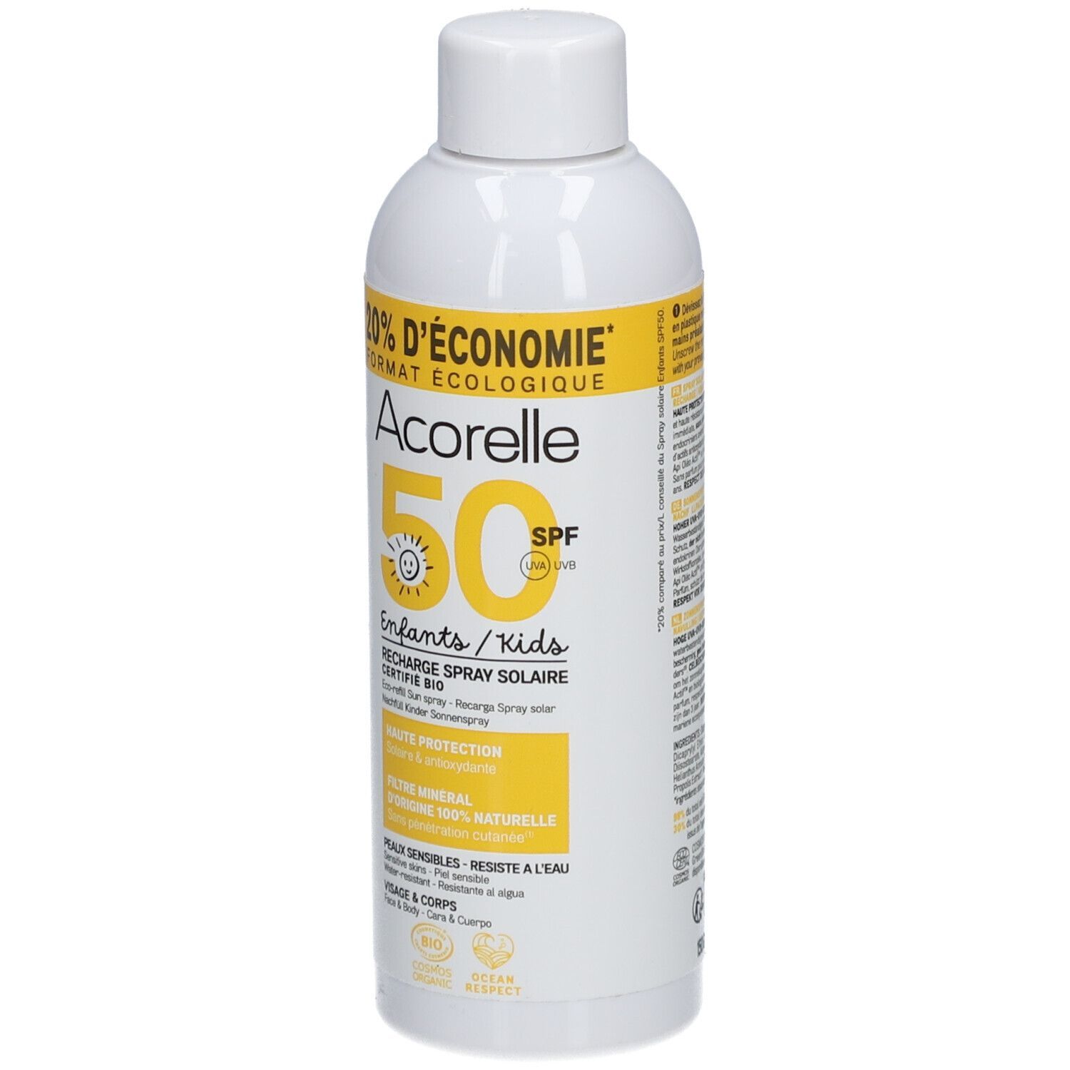 Acorelle Nature Sun Spray Solaire IP50 Enfants Peaux Sensibles Bio Flacon-Pompe recharge