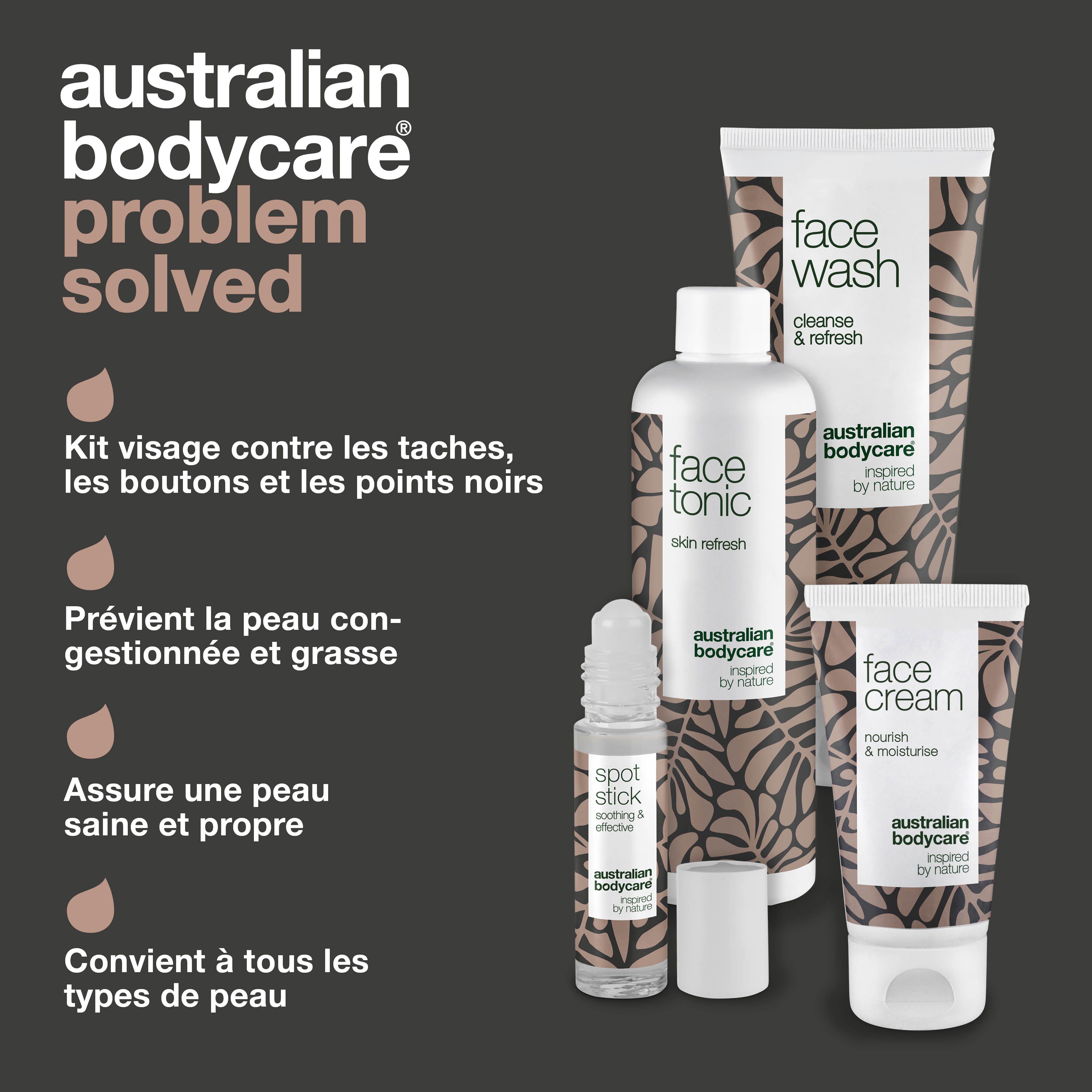 Coffret de soins du visage avec 4 produits. Texte : Kit visage contre les taches, les boutons et les points noirs.