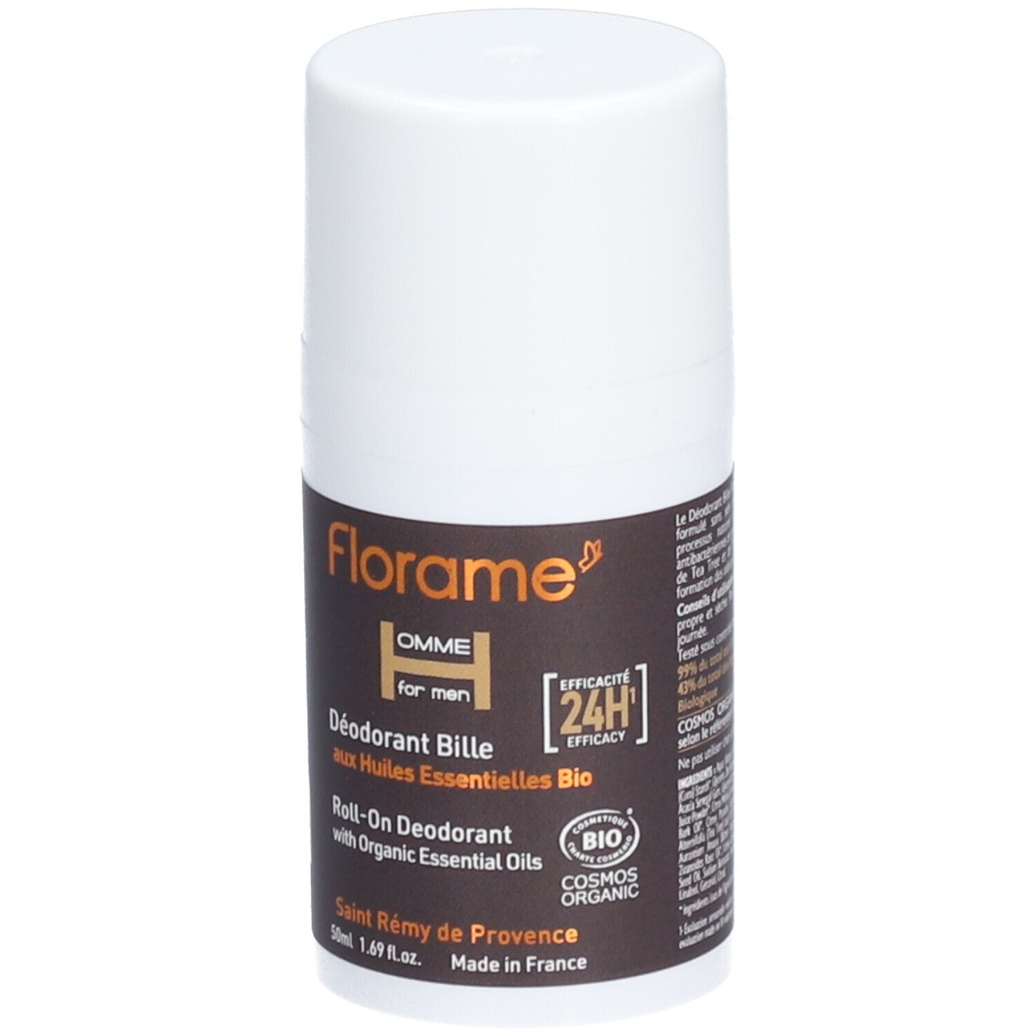 Déodorant roll-on pour homme. Flacon blanc avec étiquette marron. Inscriptions : Florame, HOMME, 24h, certification Bio.