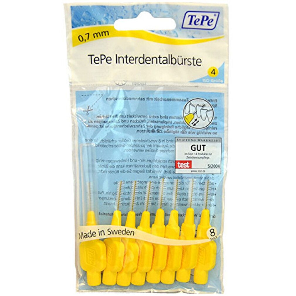 Paquet de brossettes interdentaires TePe jaunes 0,7 mm. 8 pièces. Manche plastique, brins. Emballage avec informations et label.