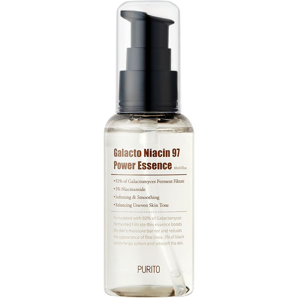 Flacon transparent avec pompe noire. Inscription : Galacto Niacin 97 Power Essence. Contient 10% de filtrat de ferment de galactomyces et 5% de niacinamide.
