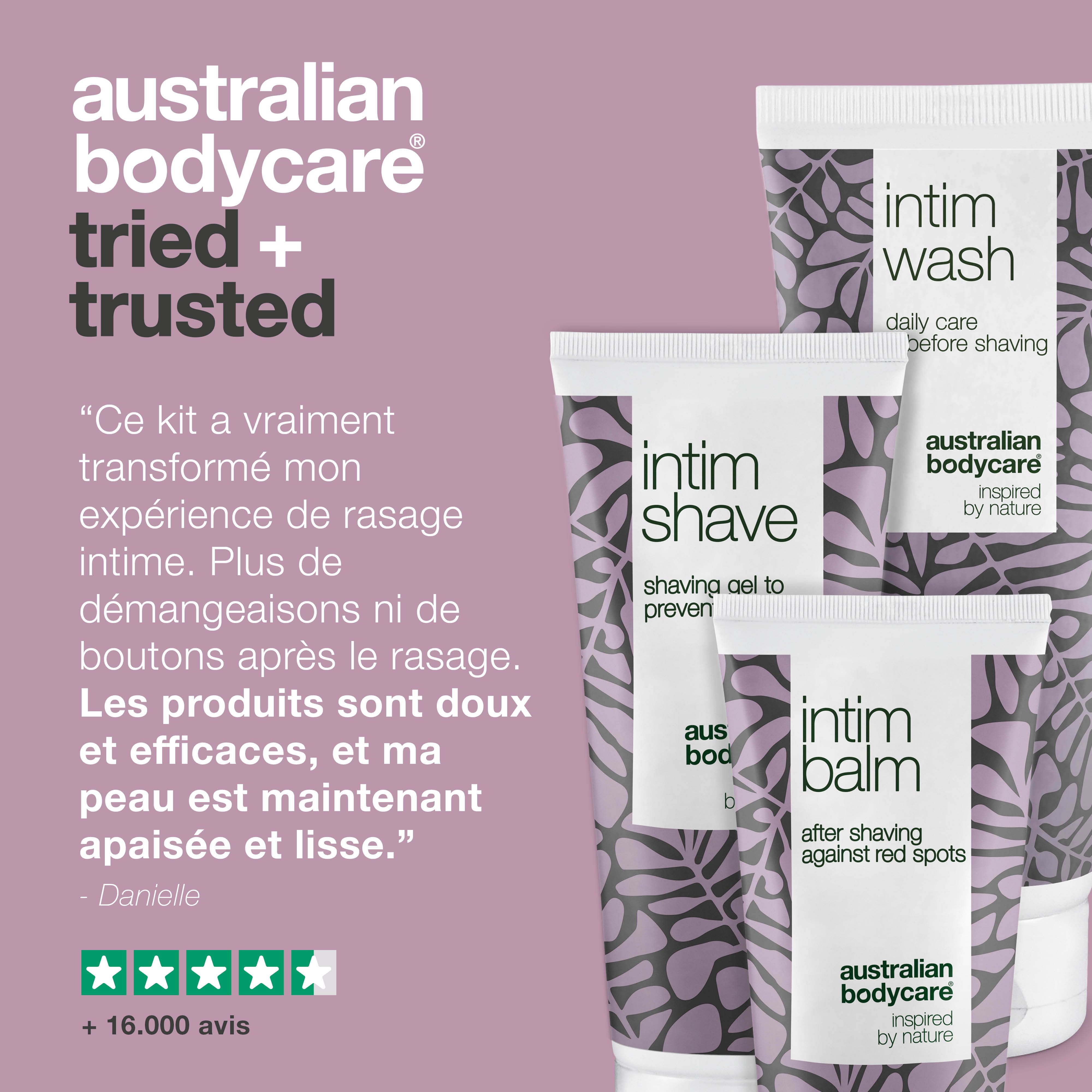 Trois produits : gel lavant, baume et gel à raser. Texte avec avis clients.