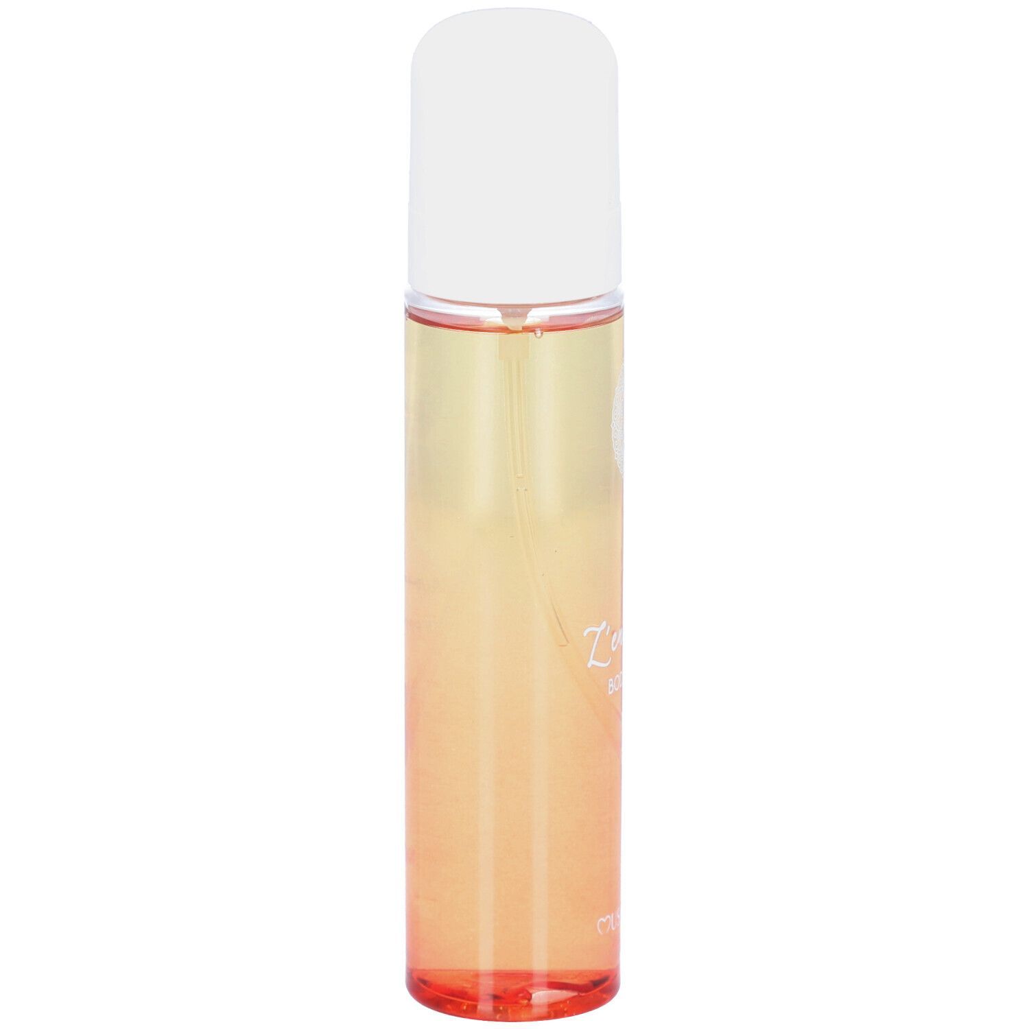 Parfum corporel dans un vaporisateur cylindrique avec bouchon blanc. Dégradé de jaune à orange.