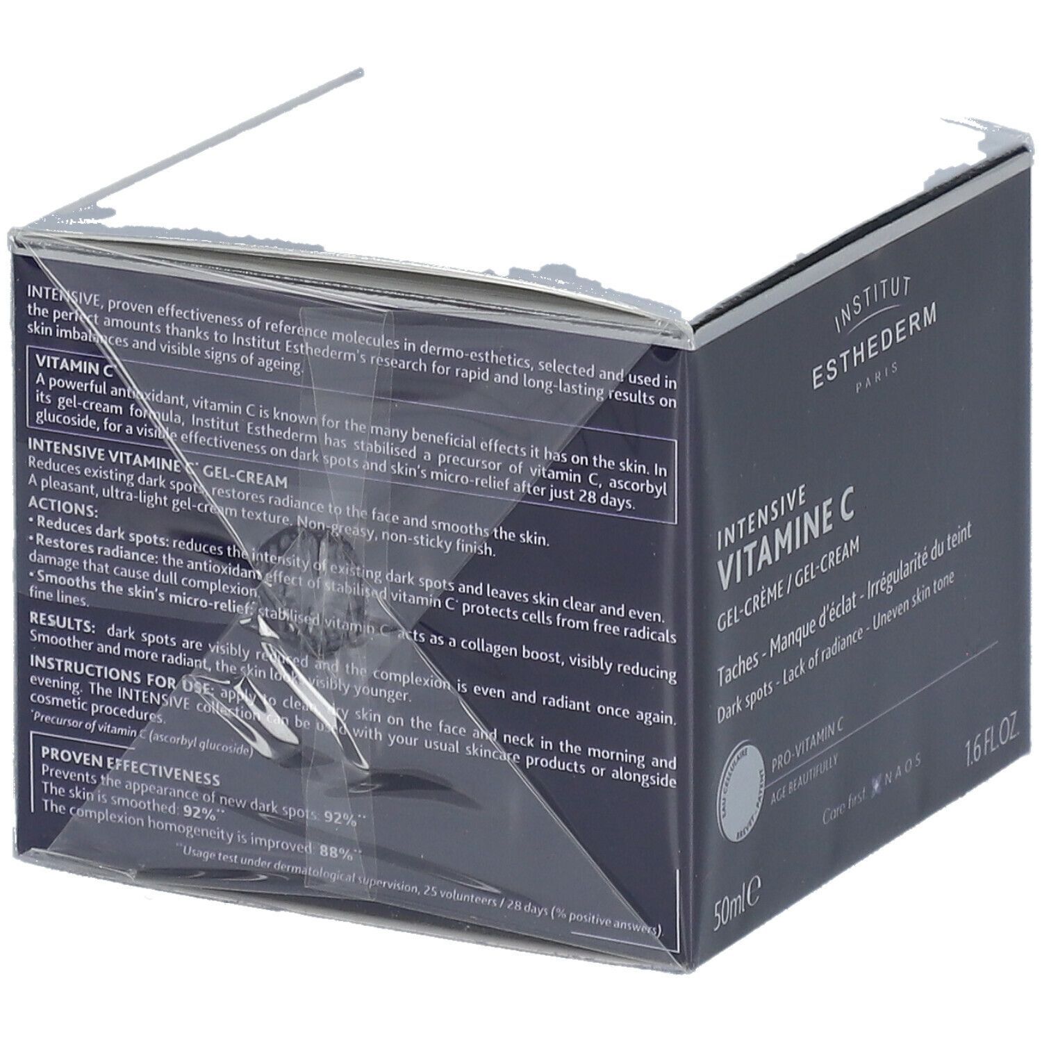 Boîte bleu foncé avec texte. INSTITUT ESTHEDERM, INTENSIVE VITAMINE C GEL-CREME. Emballée dans du plastique. 50ml, 1.6 FL.OZ.