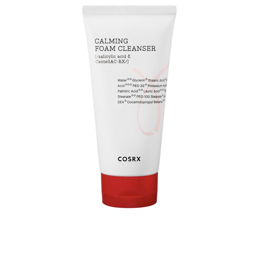 Tube blanc à bouchon rouge. Inscription: CALMING FOAM CLEANSER, ingrédients. Marque: COSRX.
