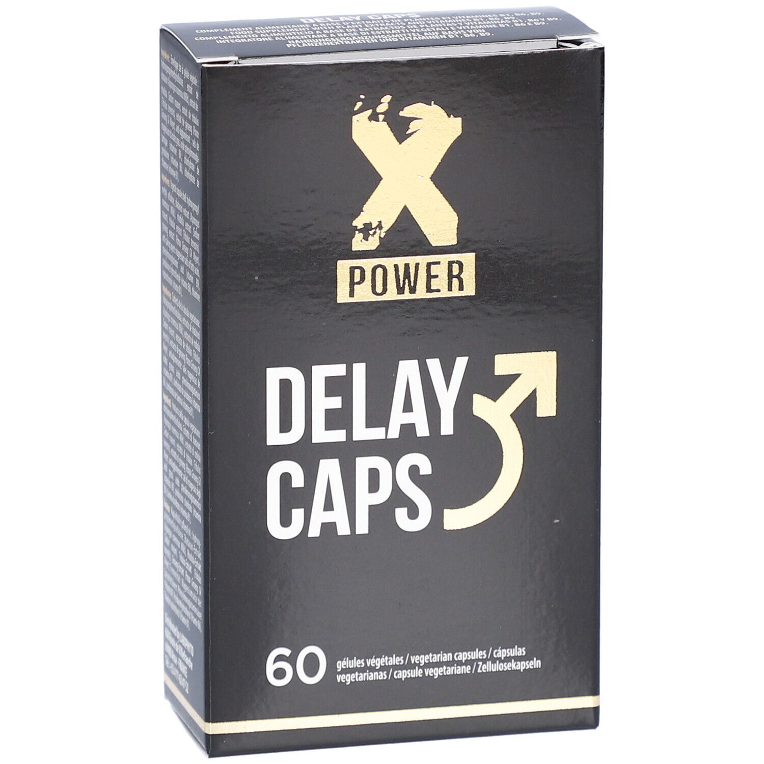 Boîte noire avec "X POWER DELAY CAPS" et 60 gélules. Inscriptions blanches et dorées. Gélules végétales.